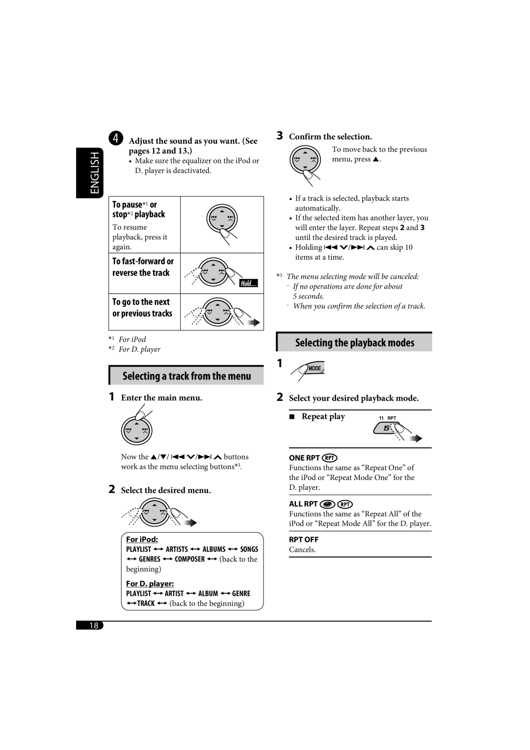 JVC KD-AR370, KD-G320 manual Selecting a track from the menu, To pause*1 or stop*2 playback 