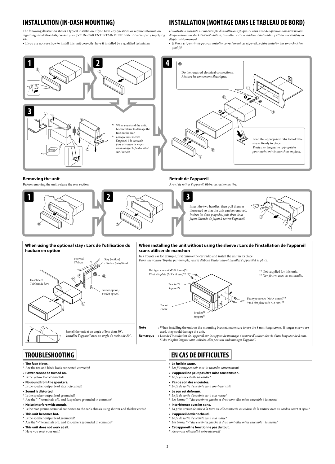 JVC KD-AR370, KD-G320 manual Removing the unit, Retrait de l’appareil, Remarque, This unit becomes hot 