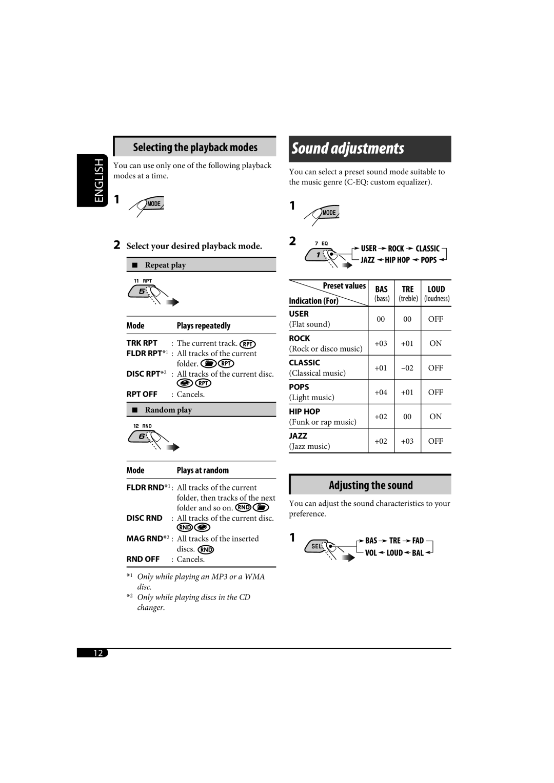 JVC KD-AR370, KD-G320 manual Sound adjustments 