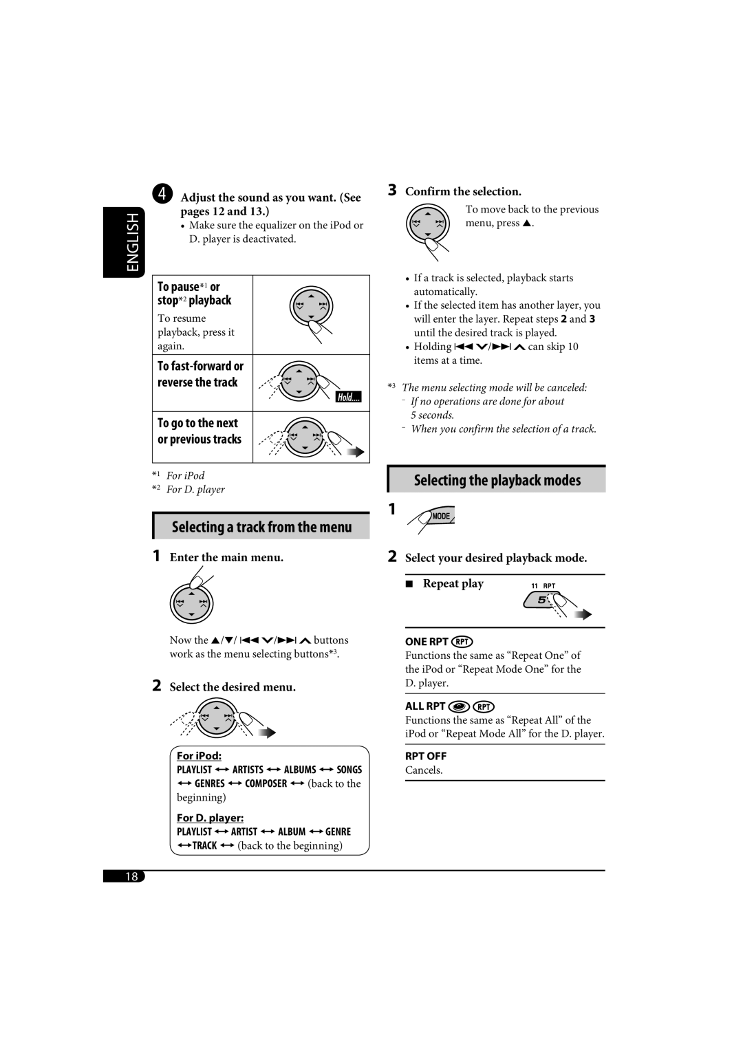 JVC KD-AR370, KD-G320 manual Selecting the playback modes 