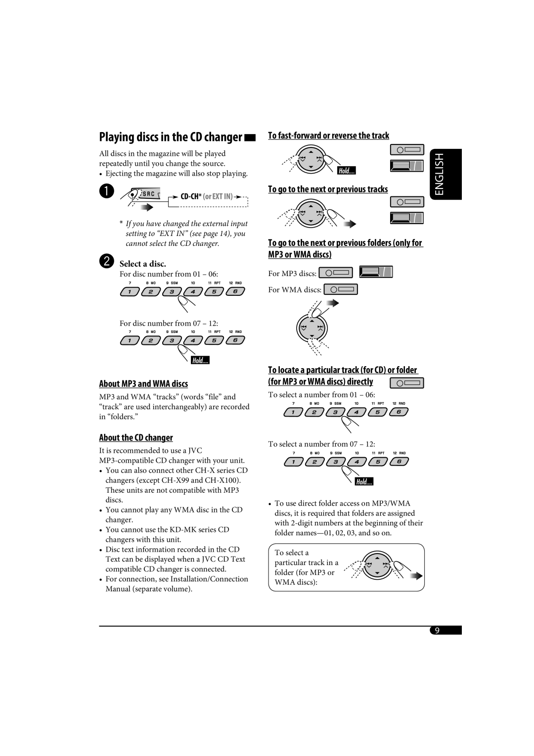 JVC KD-G320, KD-AR370 manual About MP3 and WMA discs, About the CD changer, Playing discs in the CD changer 