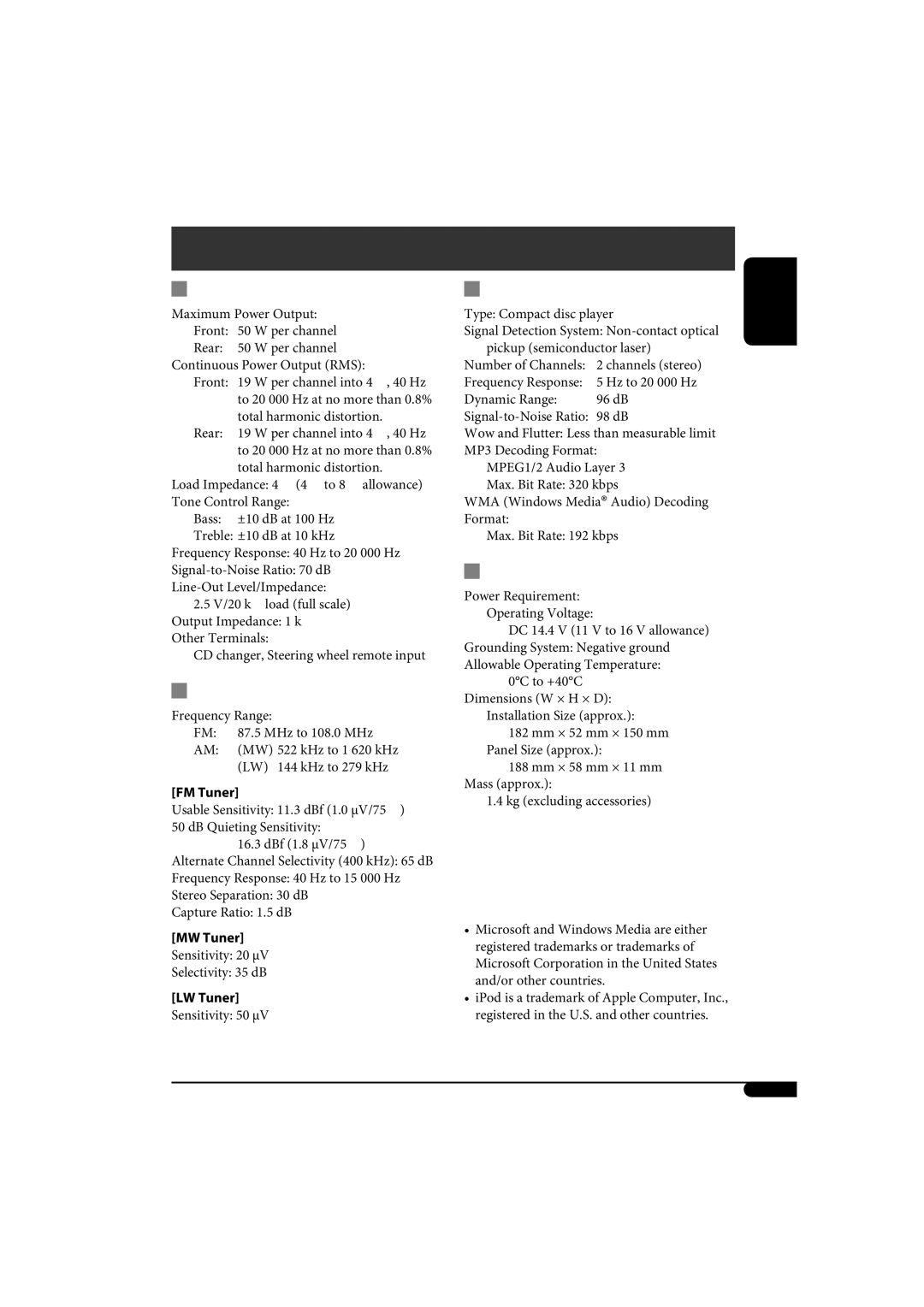 JVC KD-G320, KD-AR370 manual Specifications 