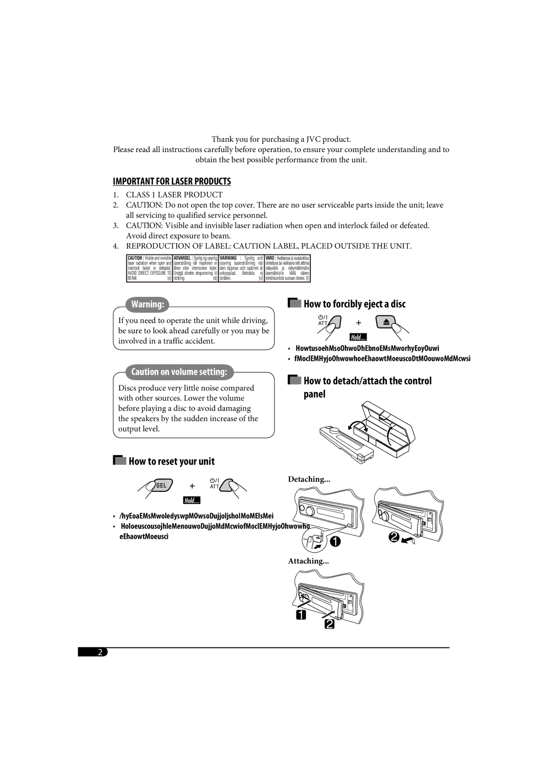 JVC KD-AR370, KD-G320 manual How to reset your unit How to forcibly eject a disc, Detaching 