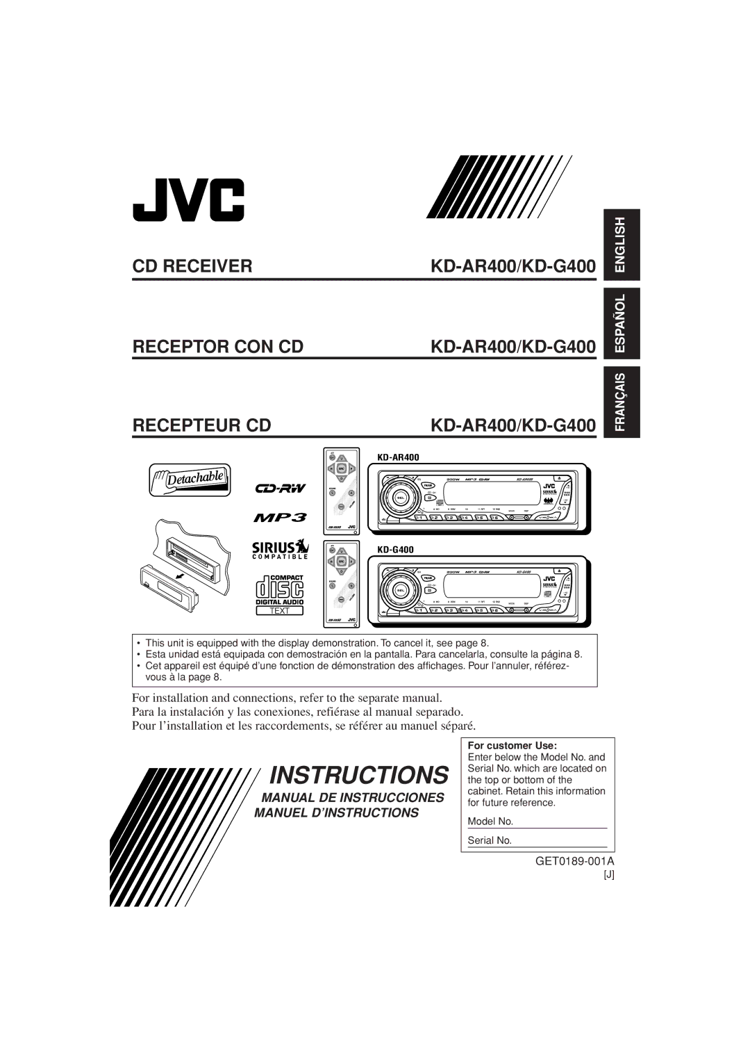 JVC KD-AR400 manual Recepteur CD, For customer Use 