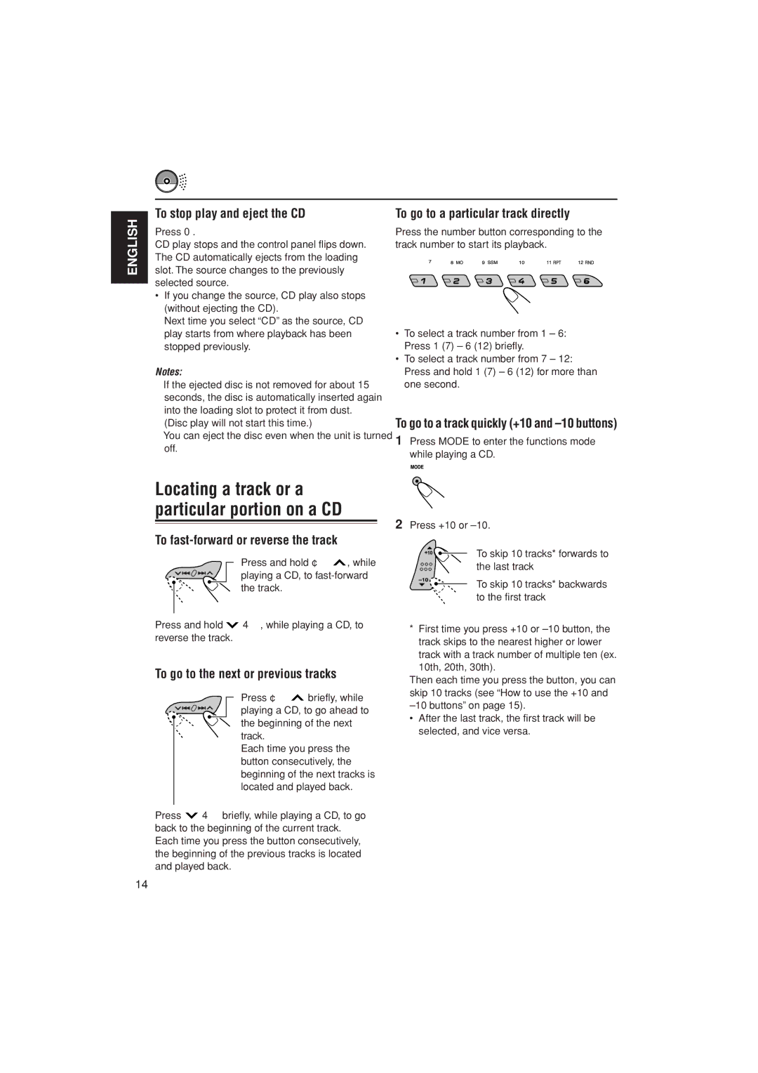 JVC KD-AR400 To stop play and eject the CD, To go to a particular track directly, To fast-forward or reverse the track 