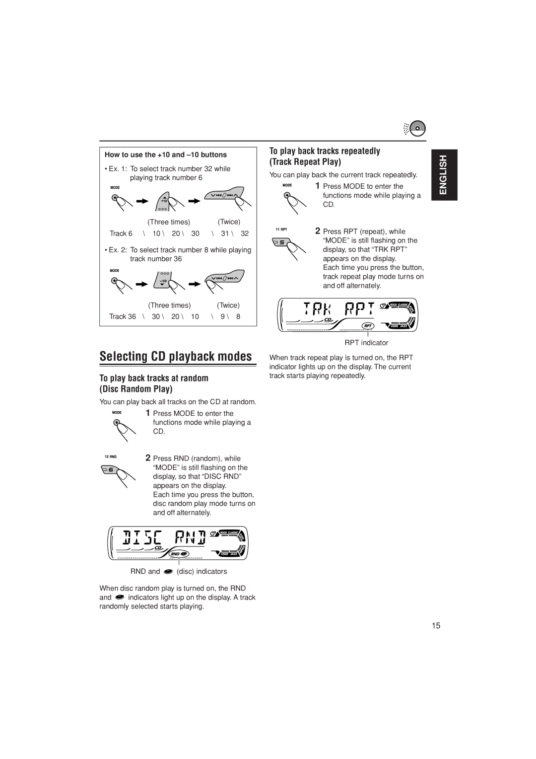 JVC KD-AR400 manual Selecting CD playback modes, To play back tracks at random Disc Random Play 