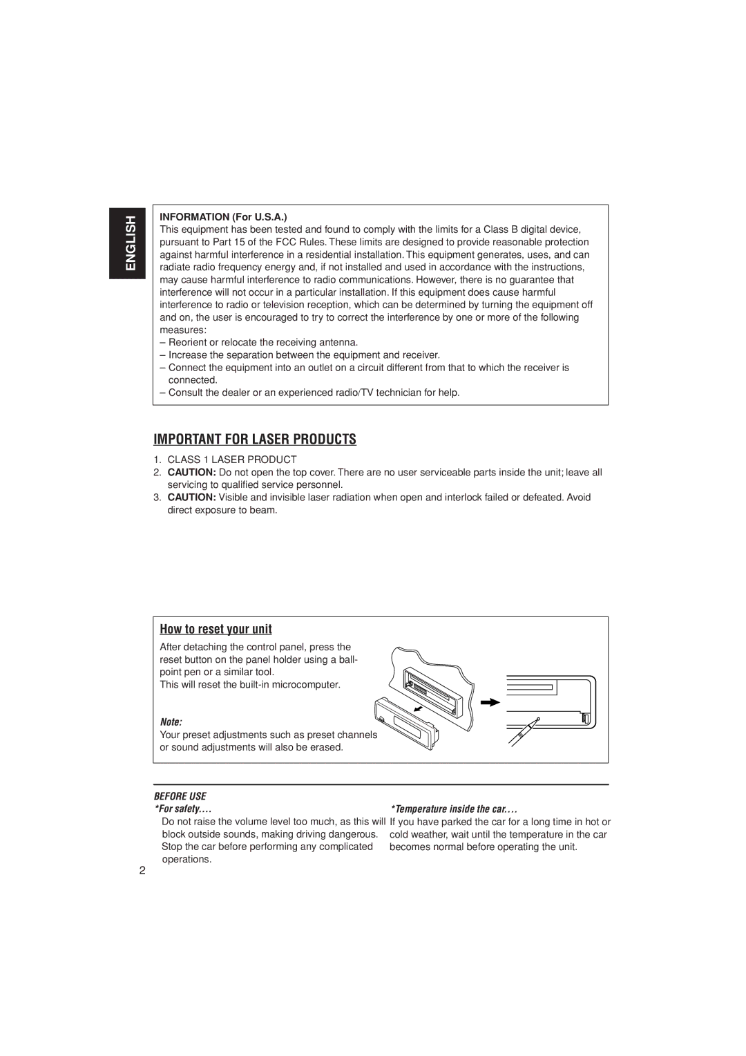 JVC KD-AR400 manual How to reset your unit, Information For U.S.A 