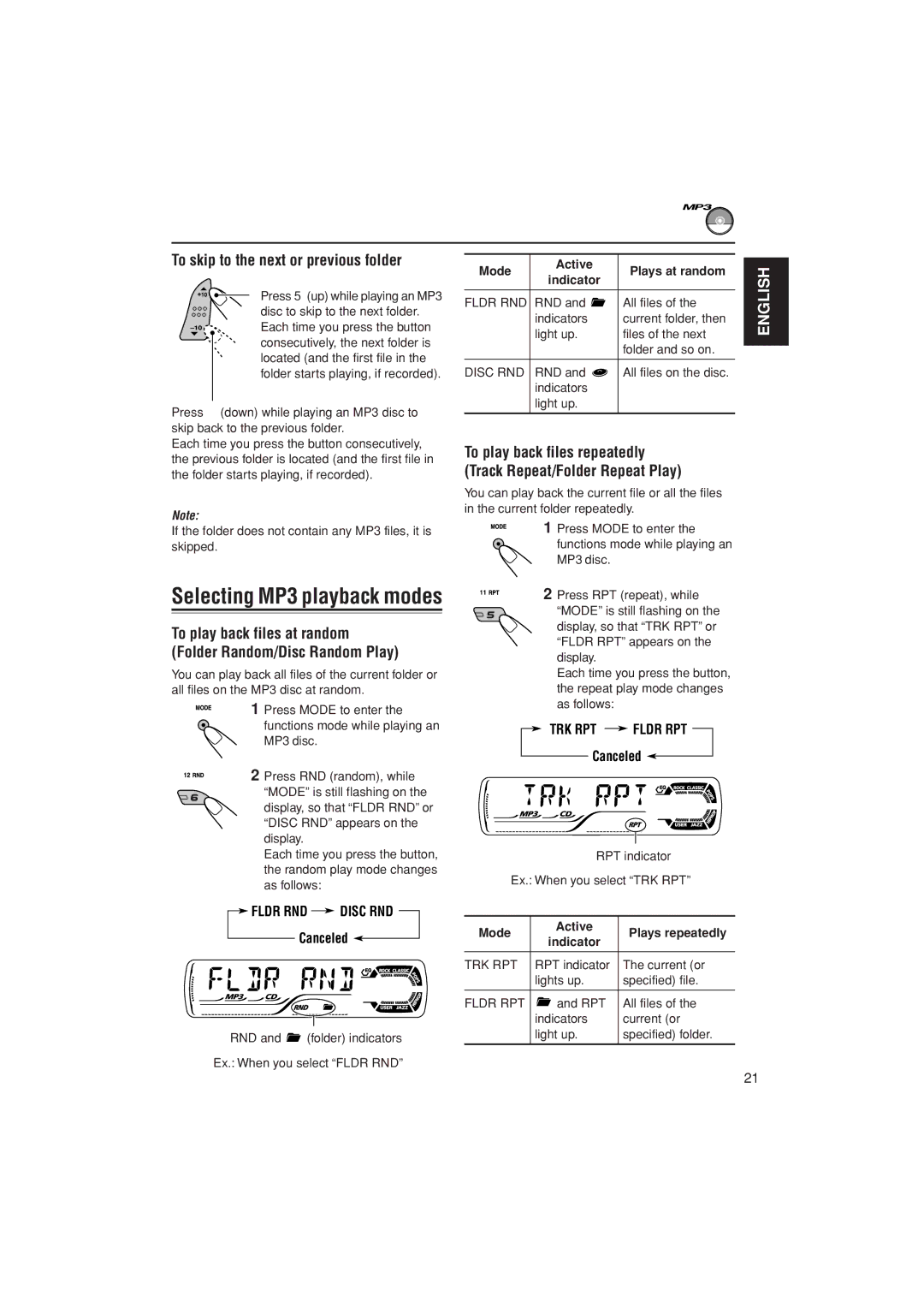 JVC KD-AR400 Selecting MP3 playback modes, To skip to the next or previous folder, Mode Active Plays at random Indicator 