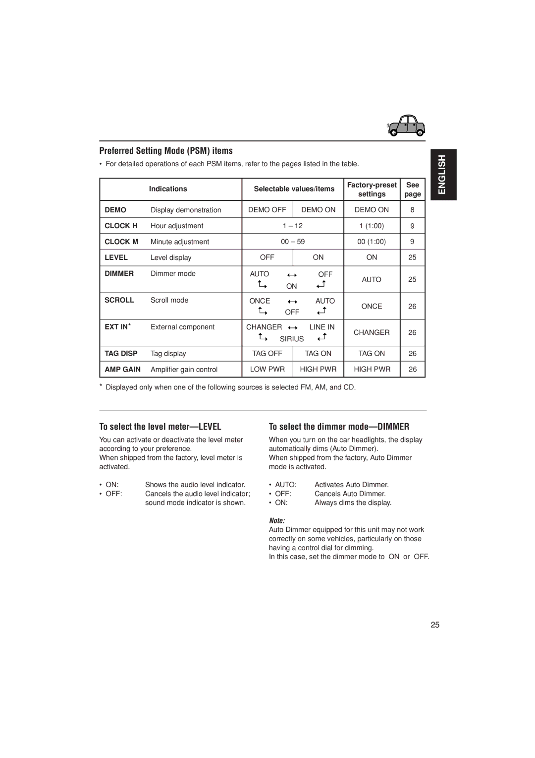 JVC KD-AR400 Preferred Setting Mode PSM items, To select the level meter-LEVEL, To select the dimmer mode-DIMMER, See 