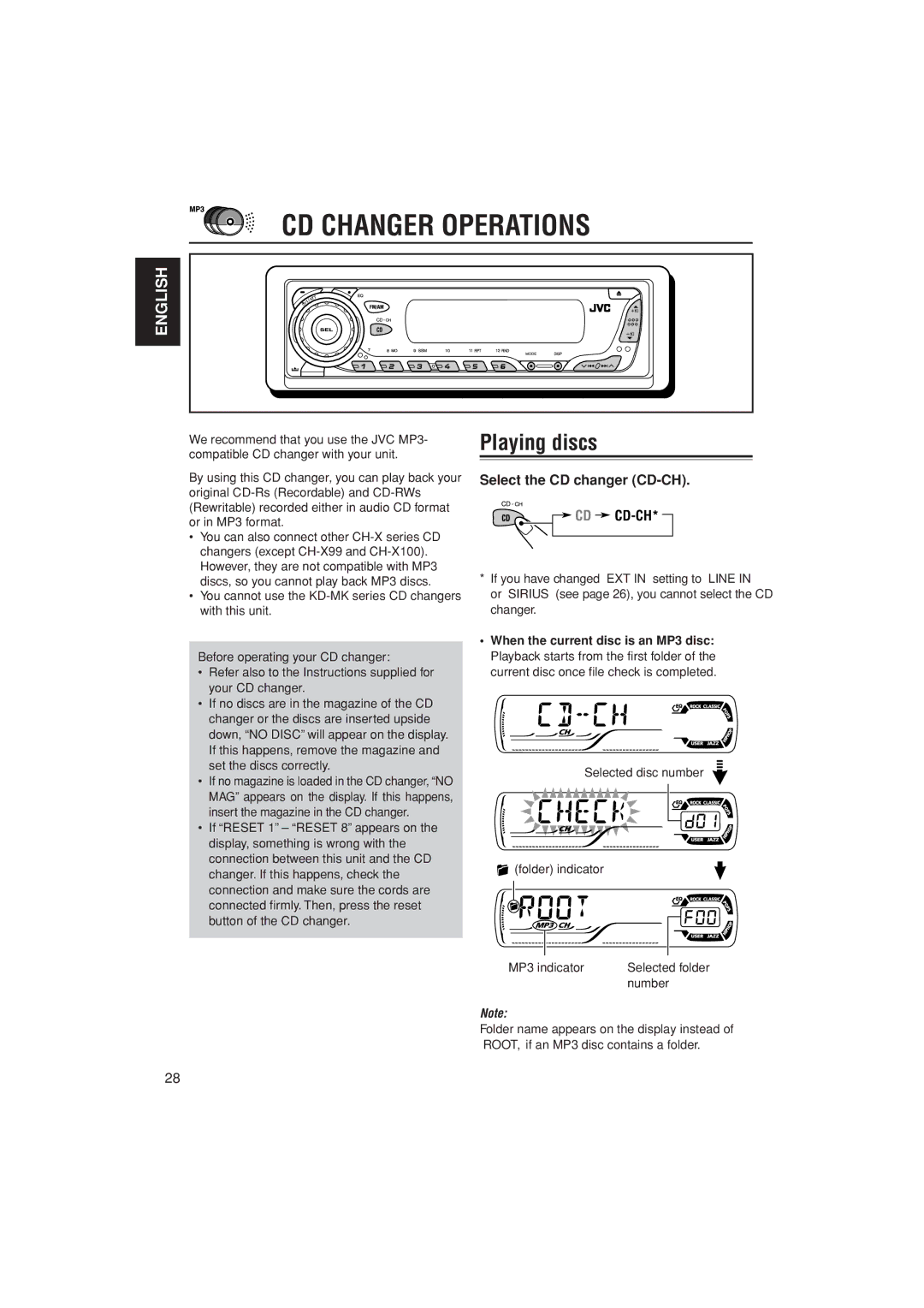 JVC KD-AR400 manual CD Changer Operations, Playing discs, Select the CD changer CD-CH 