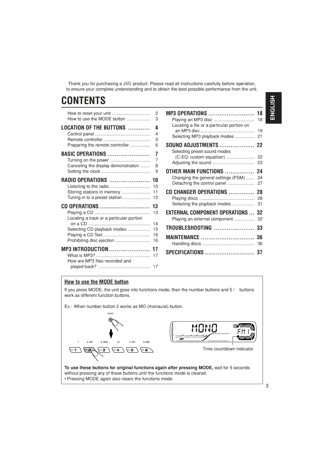 JVC KD-AR400 manual Contents 