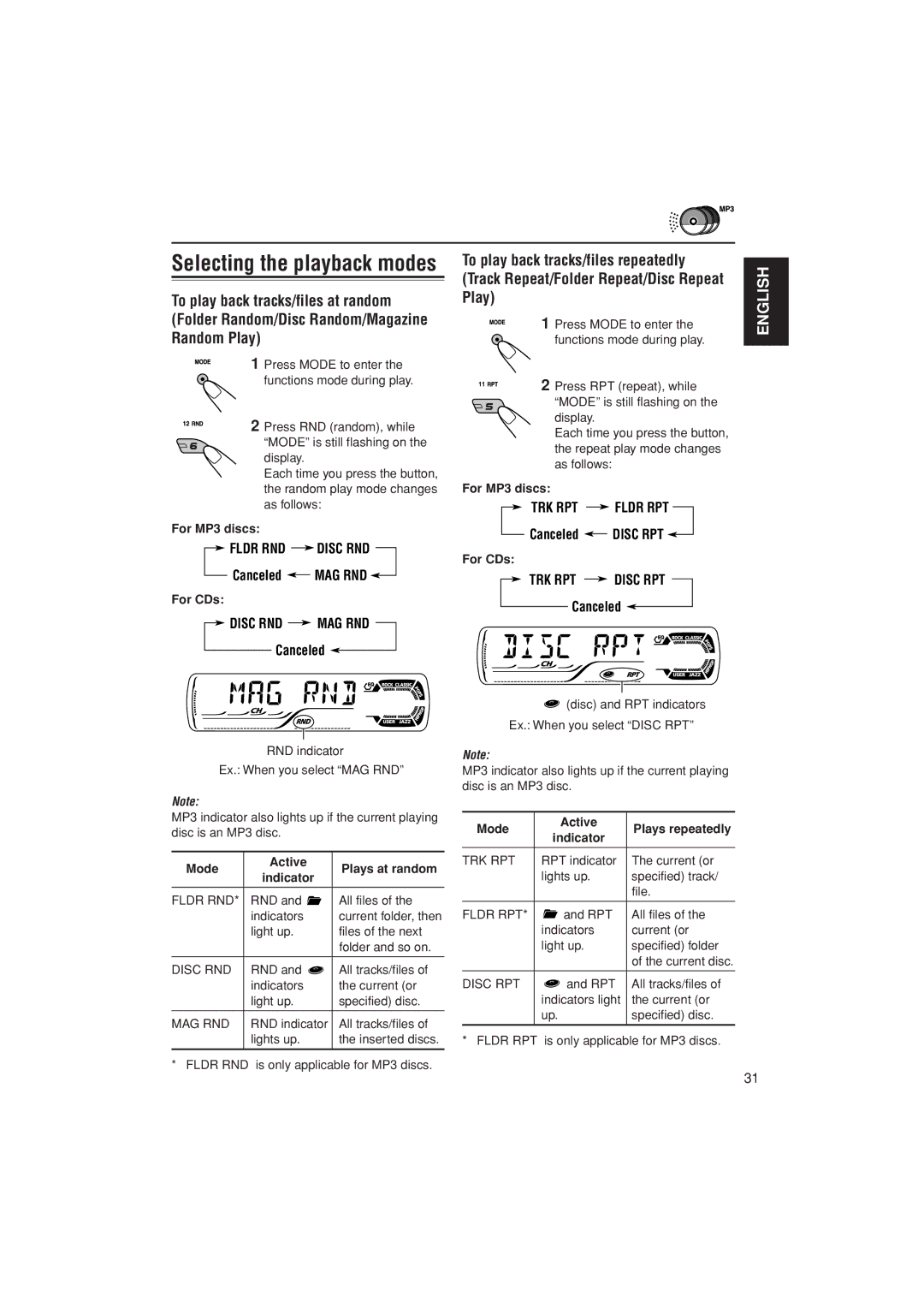 JVC KD-AR400 manual Selecting the playback modes, For MP3 discs, For CDs, Mode Active 