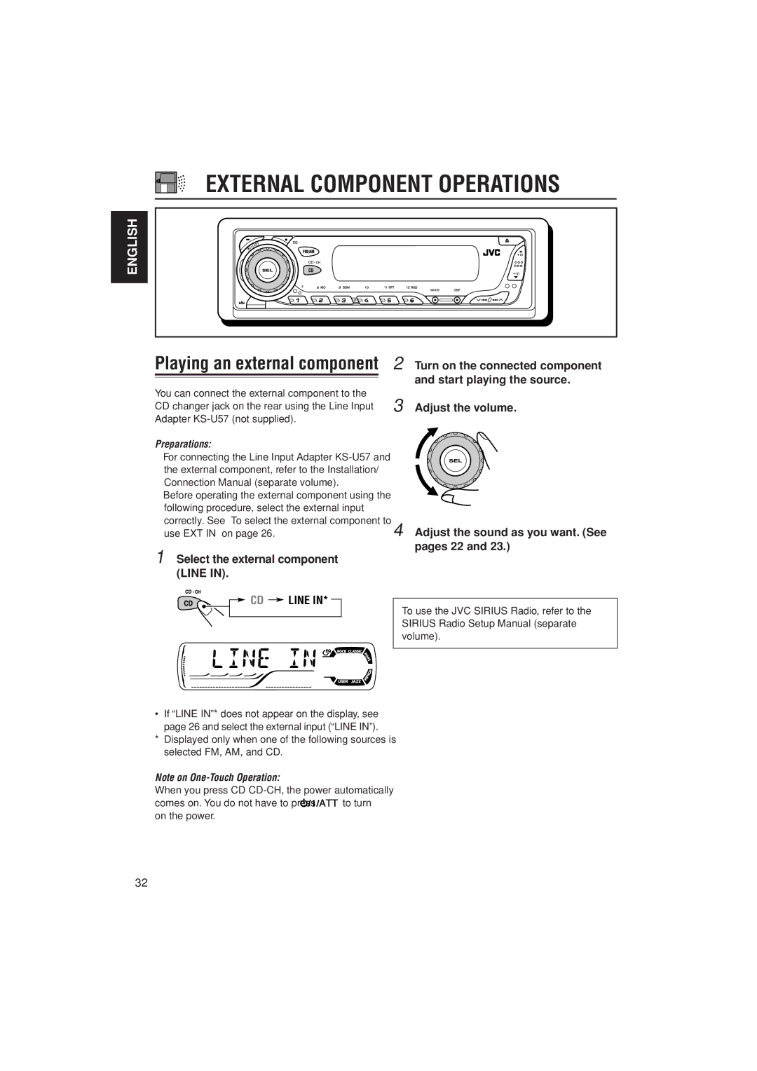 JVC KD-AR400 manual External Component Operations, Playing an external component, Select the external component Line 