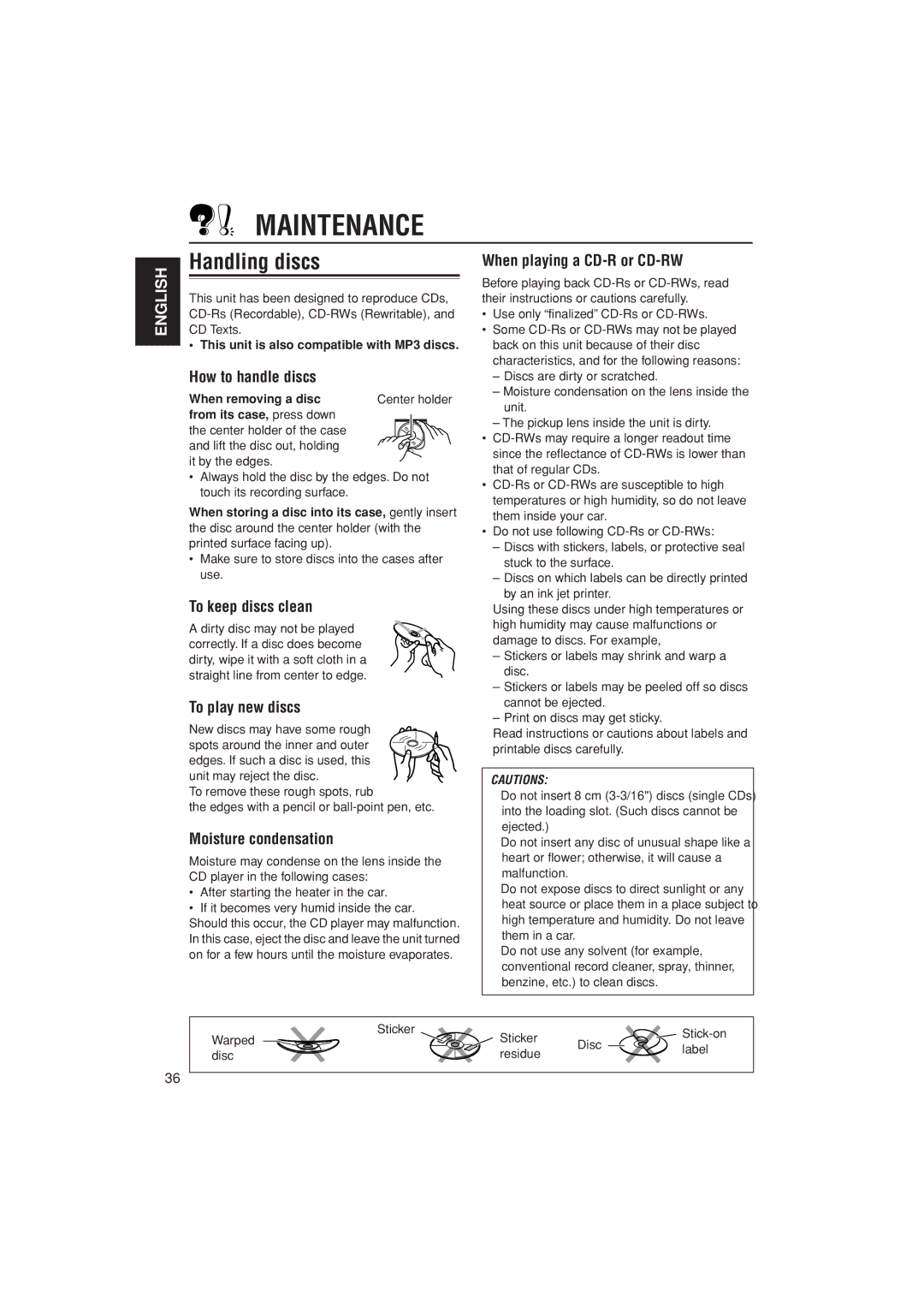 JVC KD-AR400 manual Maintenance, Handling discs 