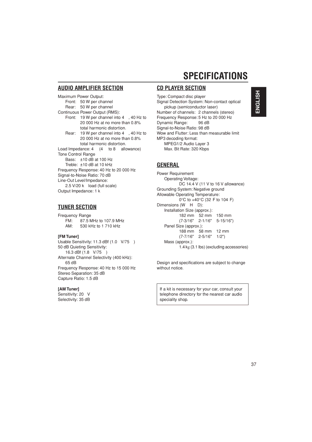 JVC KD-AR400 manual Specifications, FM Tuner, AM Tuner 