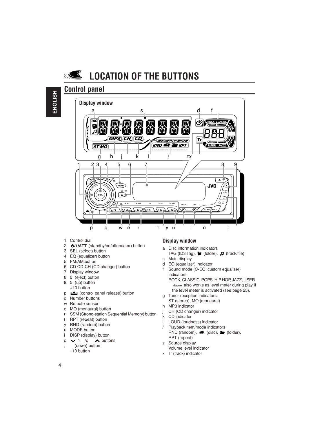 JVC KD-AR400 manual Location of the Buttons, Control panel, Display window 