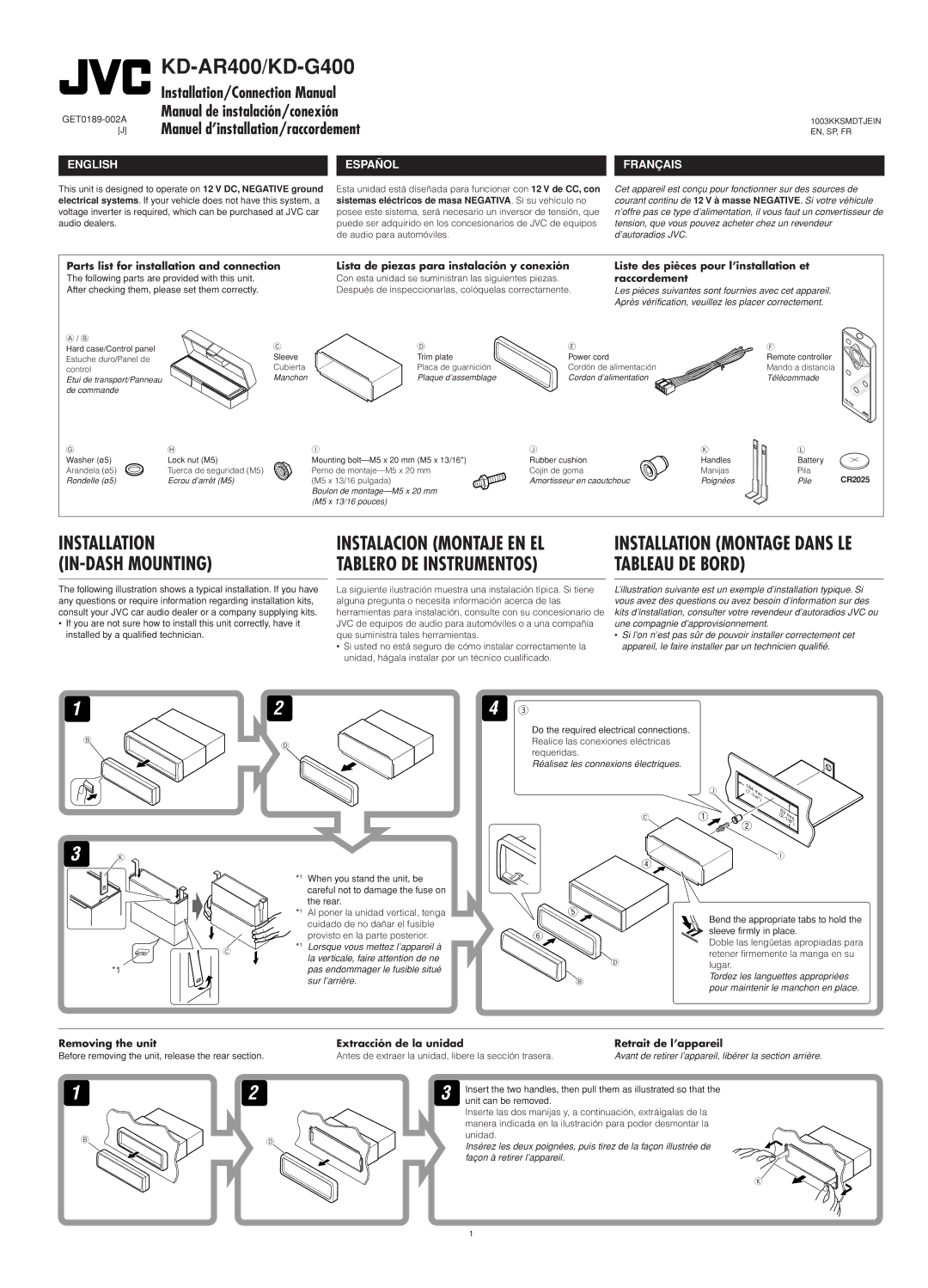 JVC KD-AR400 manual GET0189-002A, Antes de extraer la unidad, libere la sección trasera 