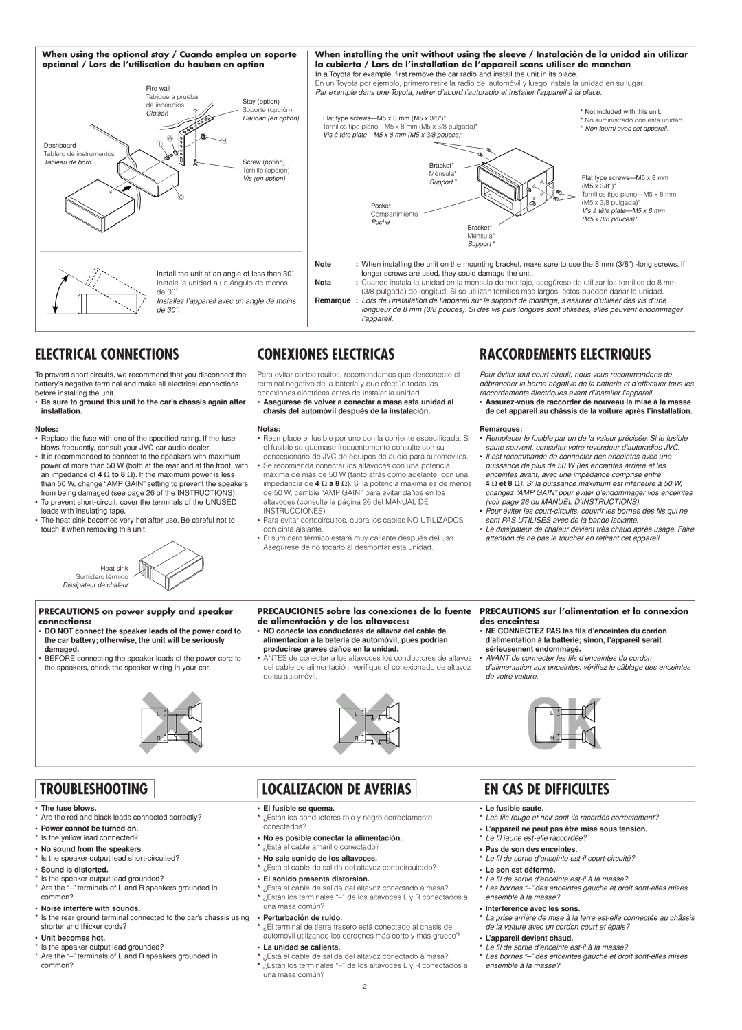 JVC KD-AR400 manual Nota, Remarque, Fuse blows, Sound is distorted, Noise interfere with sounds, Unit becomes hot 