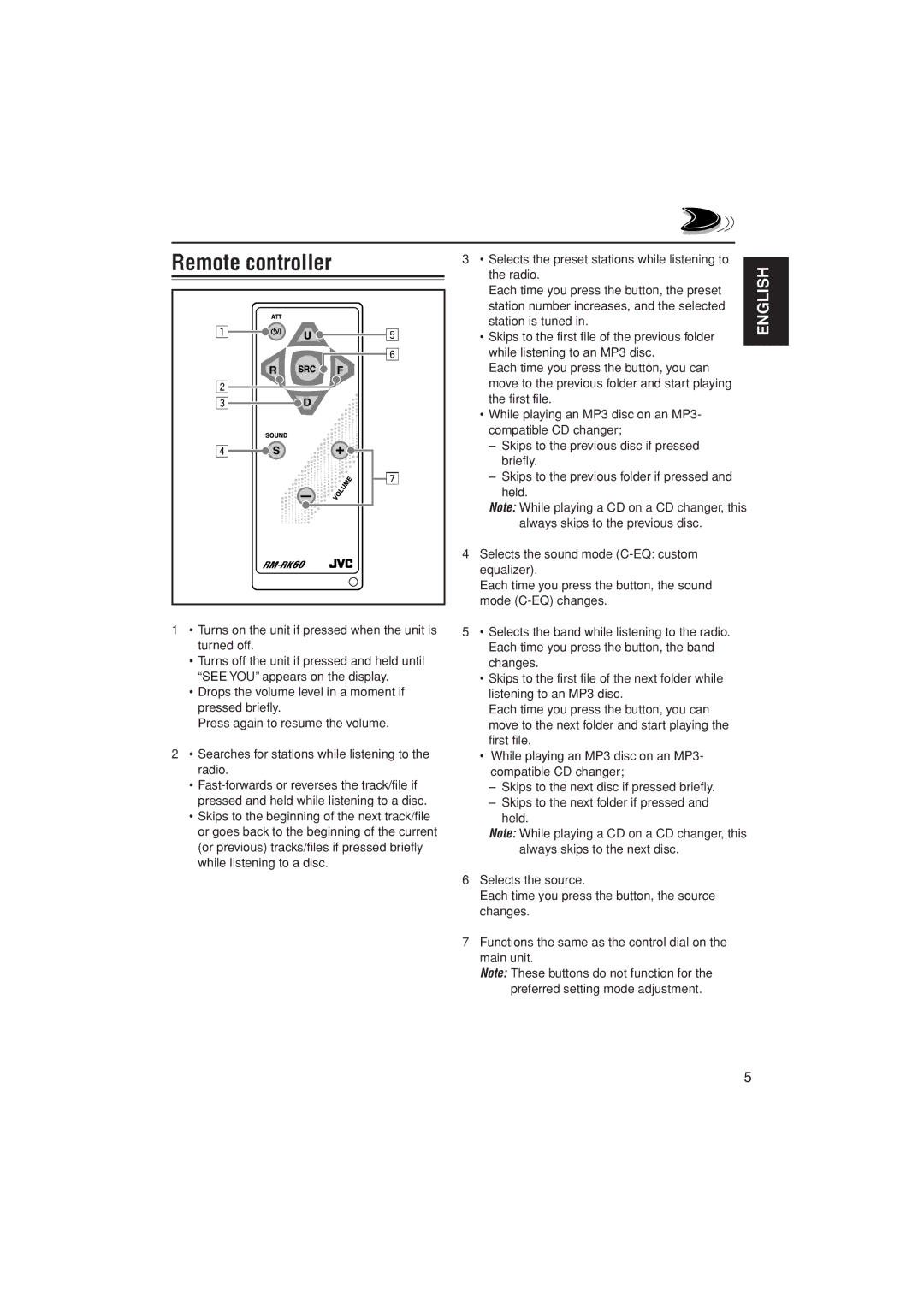 JVC KD-AR400 manual Remote controller 