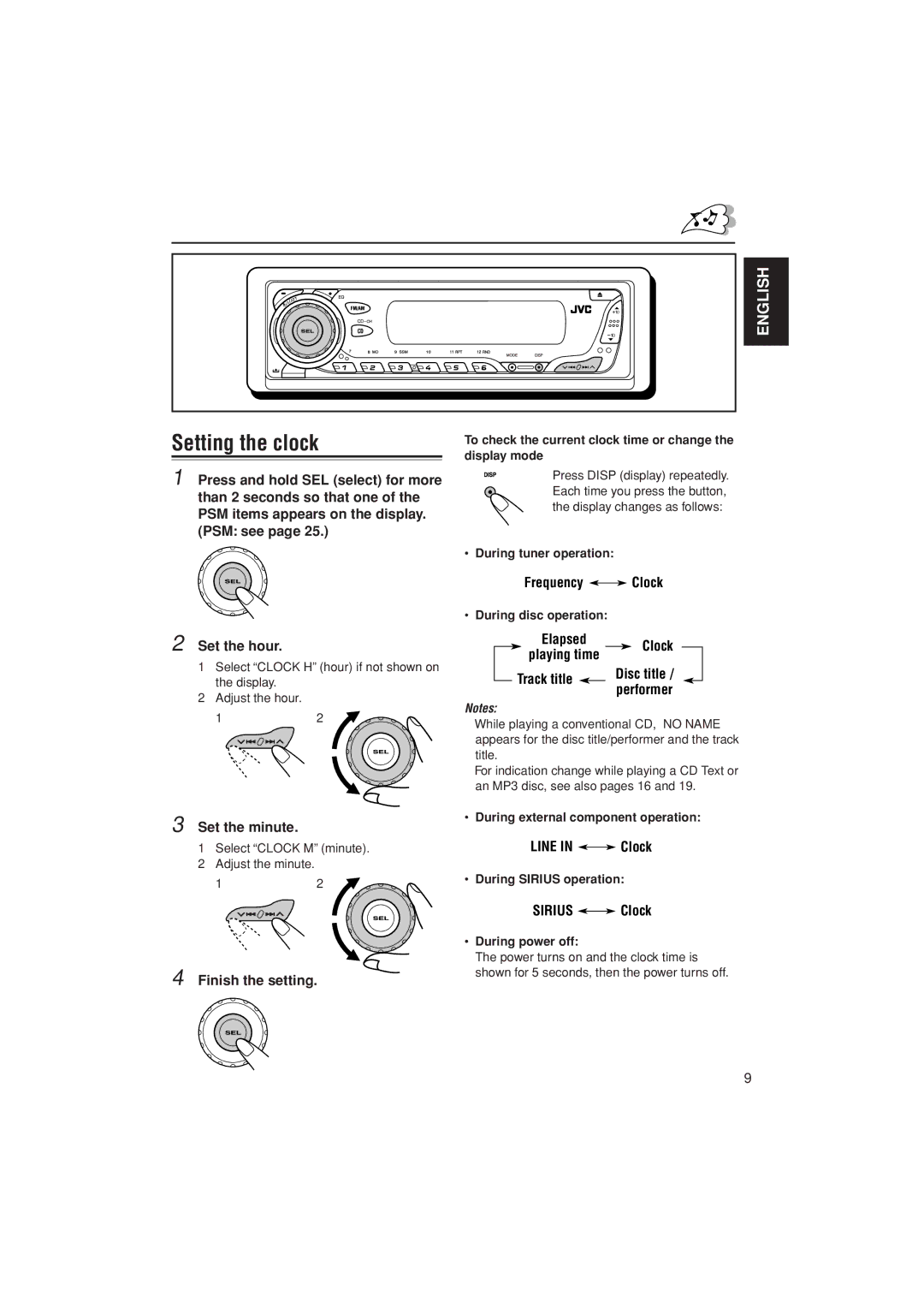 JVC KD-AR400 manual Setting the clock, Set the minute 