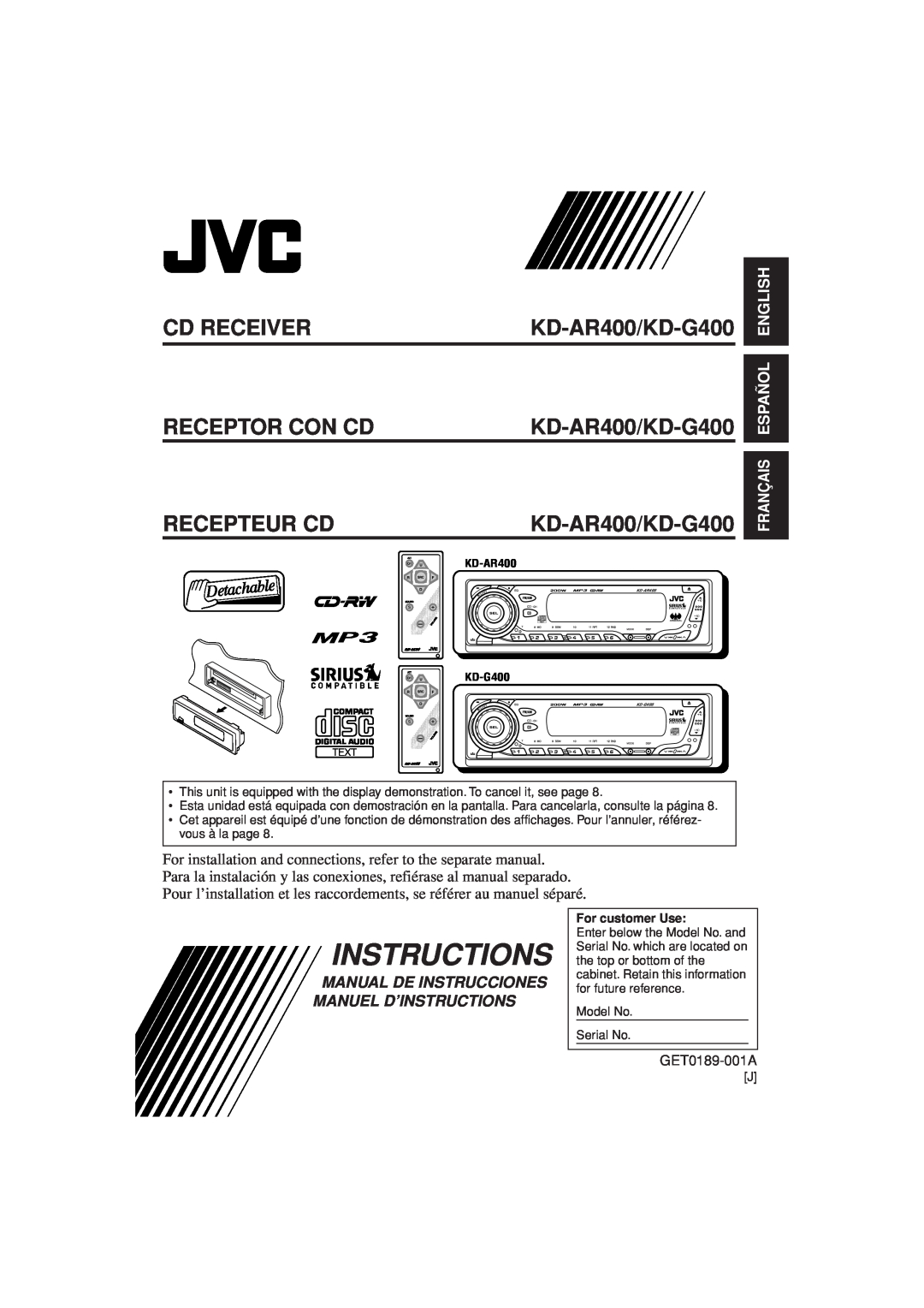 JVC manual Cd Receiver, Receptor Con Cd, Recepteur Cd, KD-AR400/KD-G400, English Español, Français, Instructions 