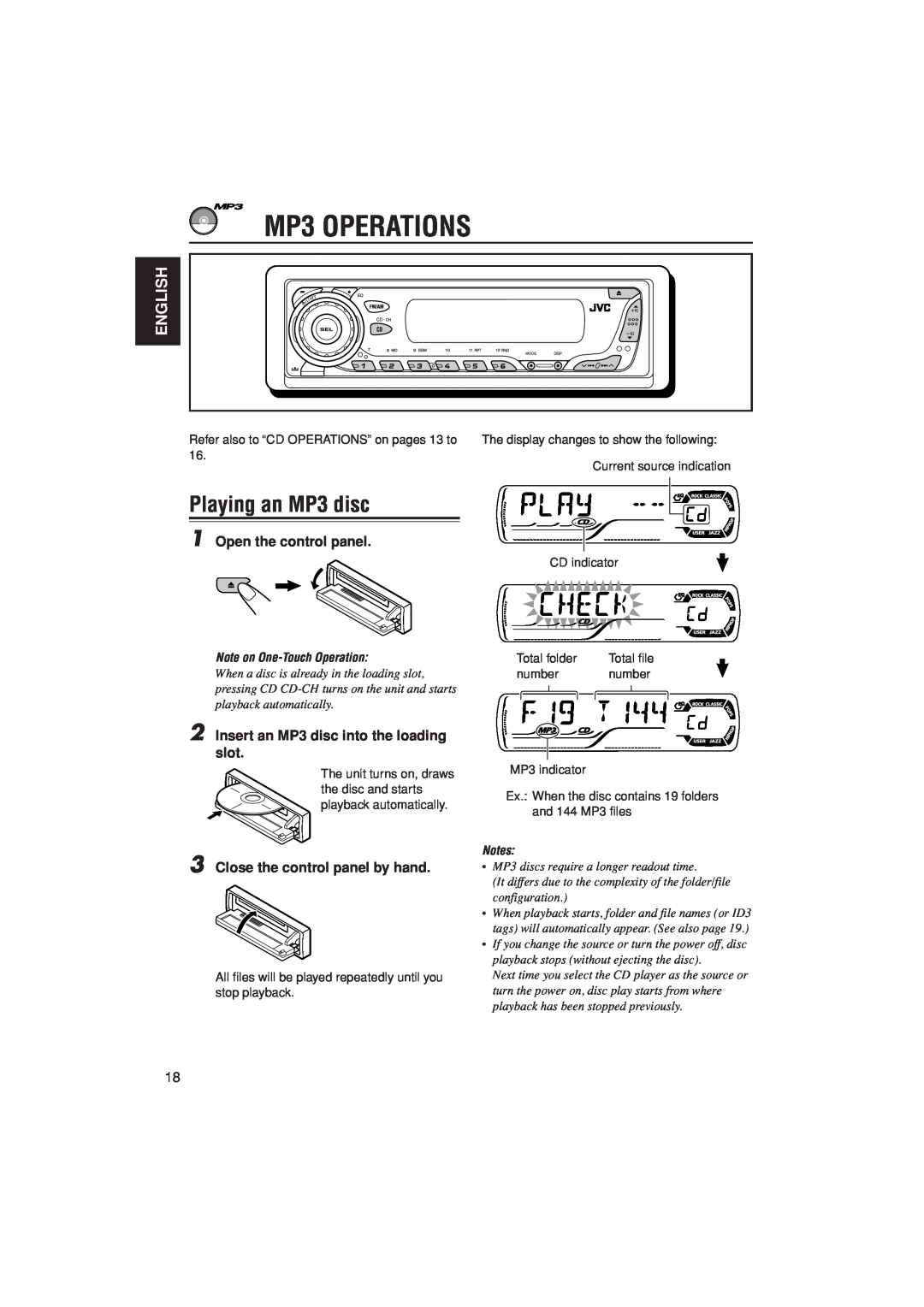 JVC KD-AR400 manual MP3 OPERATIONS, Playing an MP3 disc, English, Note on One-TouchOperation 