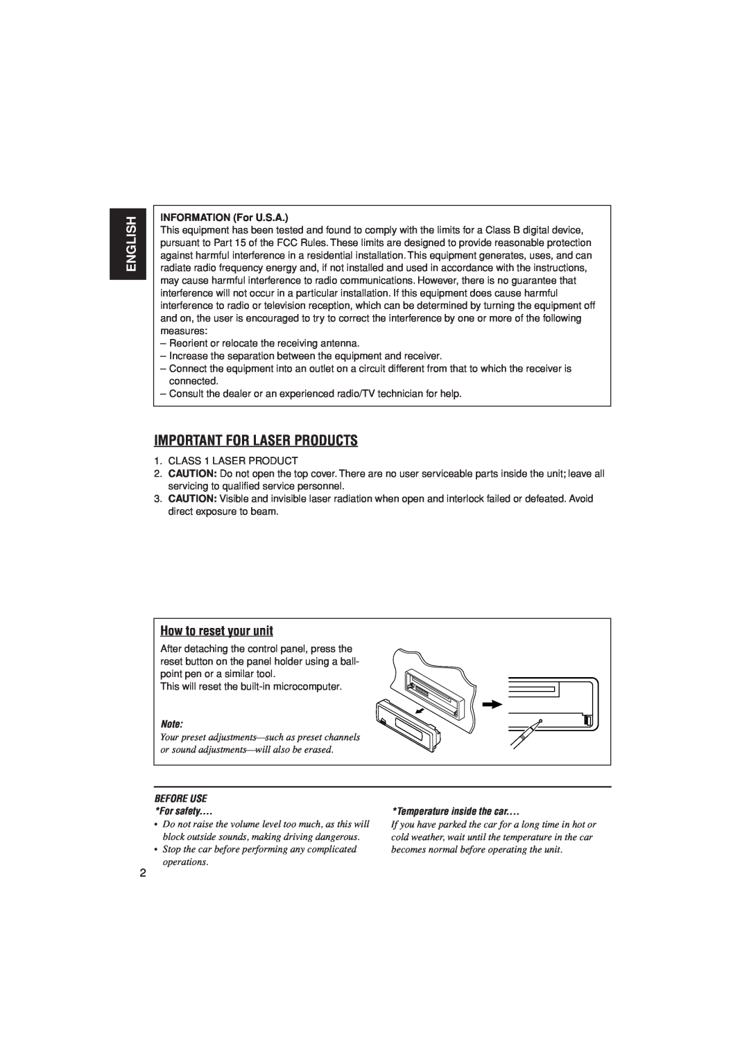 JVC KD-AR400 Important For Laser Products, English, How to reset your unit, INFORMATION For U.S.A, BEFORE USE For safety 