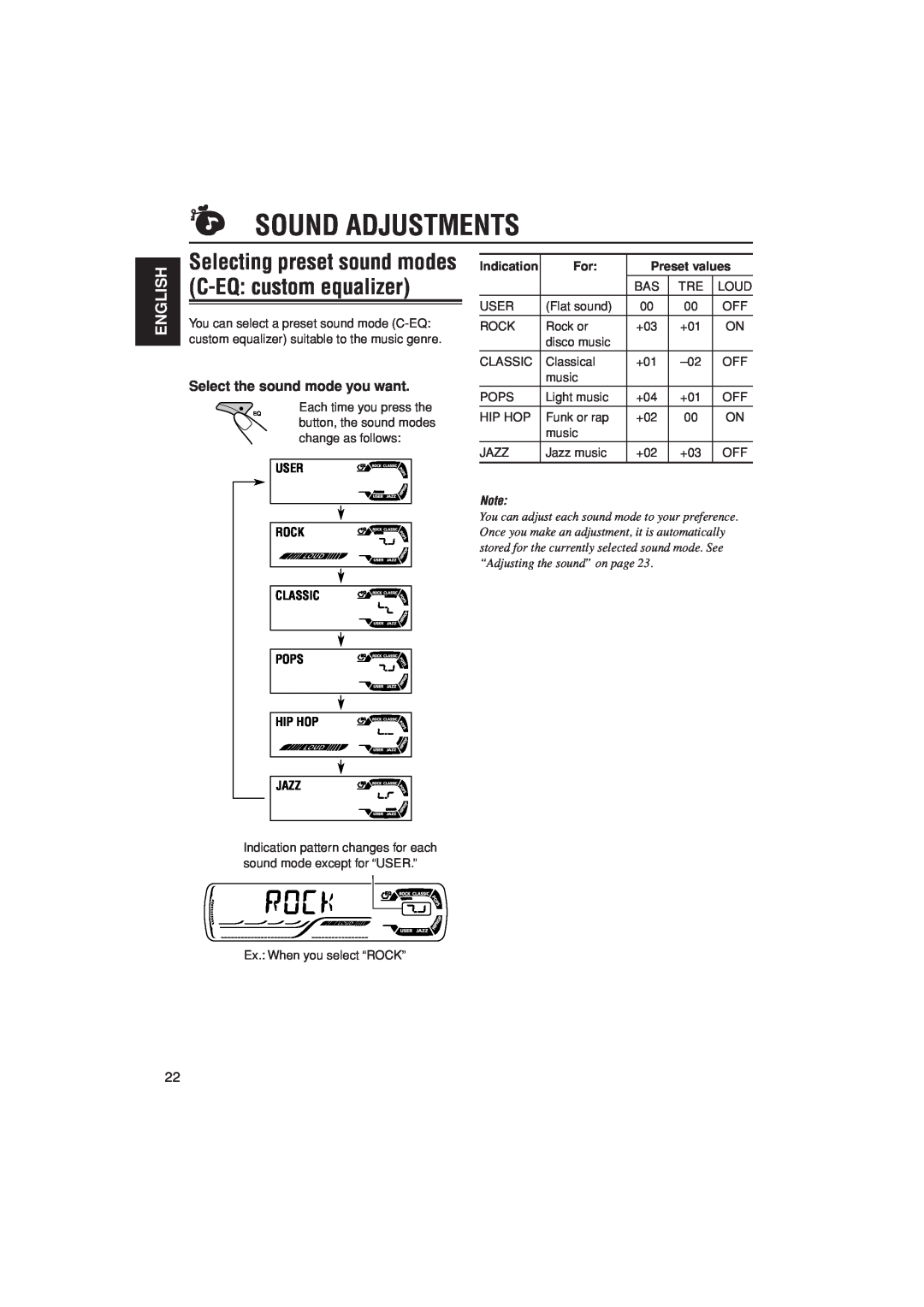 JVC KD-AR400 manual Sound Adjustments, English, User Rock, Preset values, Classic Pops Hip Hop Jazz 