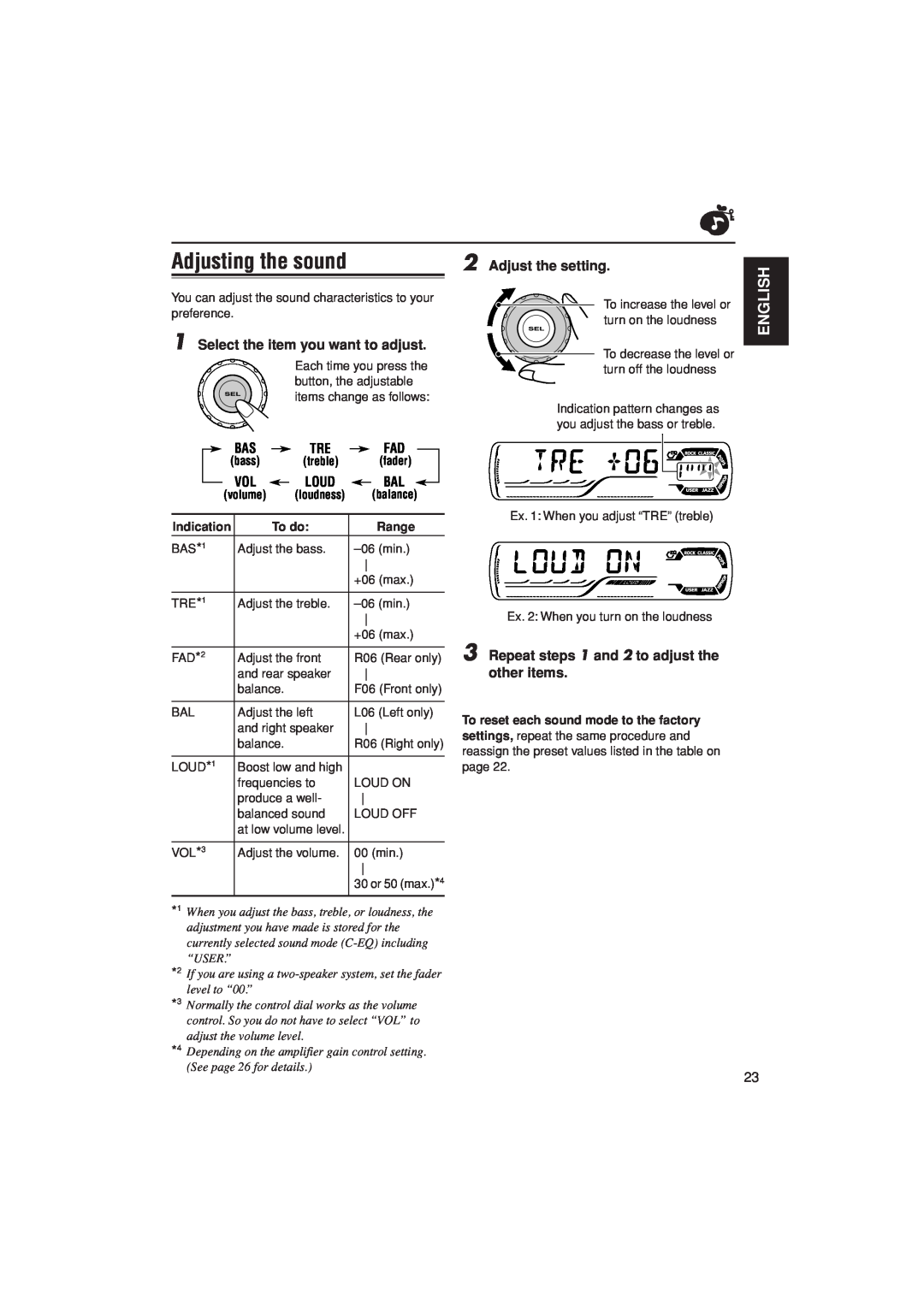 JVC KD-AR400 manual Adjusting the sound, English, Indication, To do, To reset each sound mode to the factory 