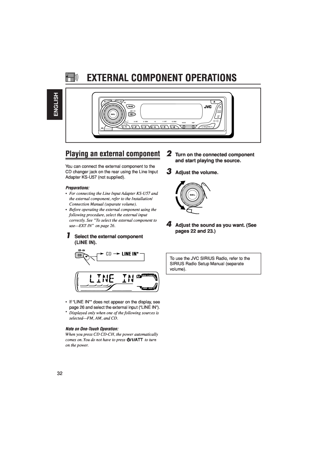 JVC KD-AR400 manual External Component Operations, Playing an external component, Cd Line In, English, Preparations 