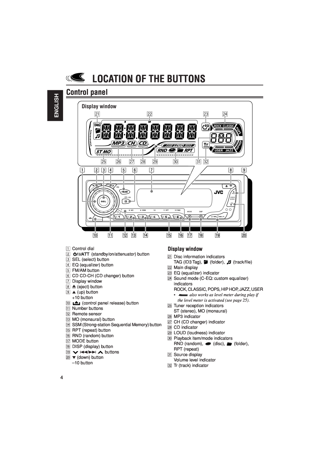 JVC KD-AR400 manual Location Of The Buttons, Control panel, Display window, English, p q w e r, t y u i o 