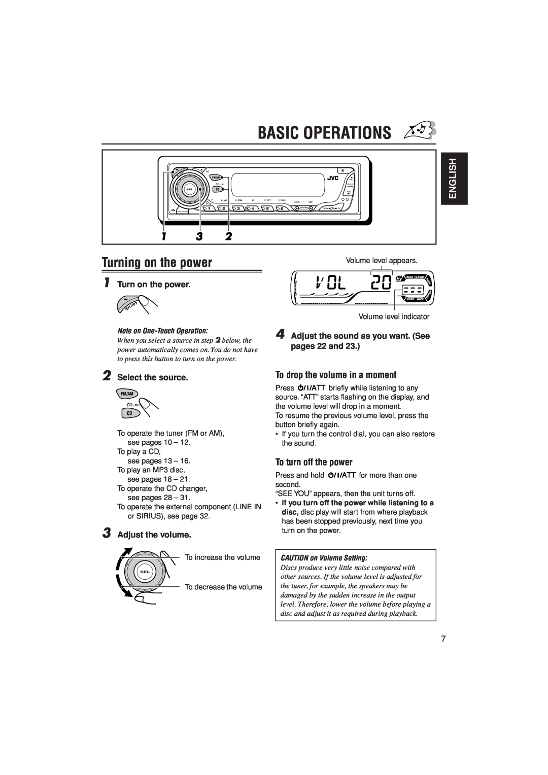 JVC KD-AR400 manual Basic Operations, To drop the volume in a moment, To turn off the power, Turning on the power, English 