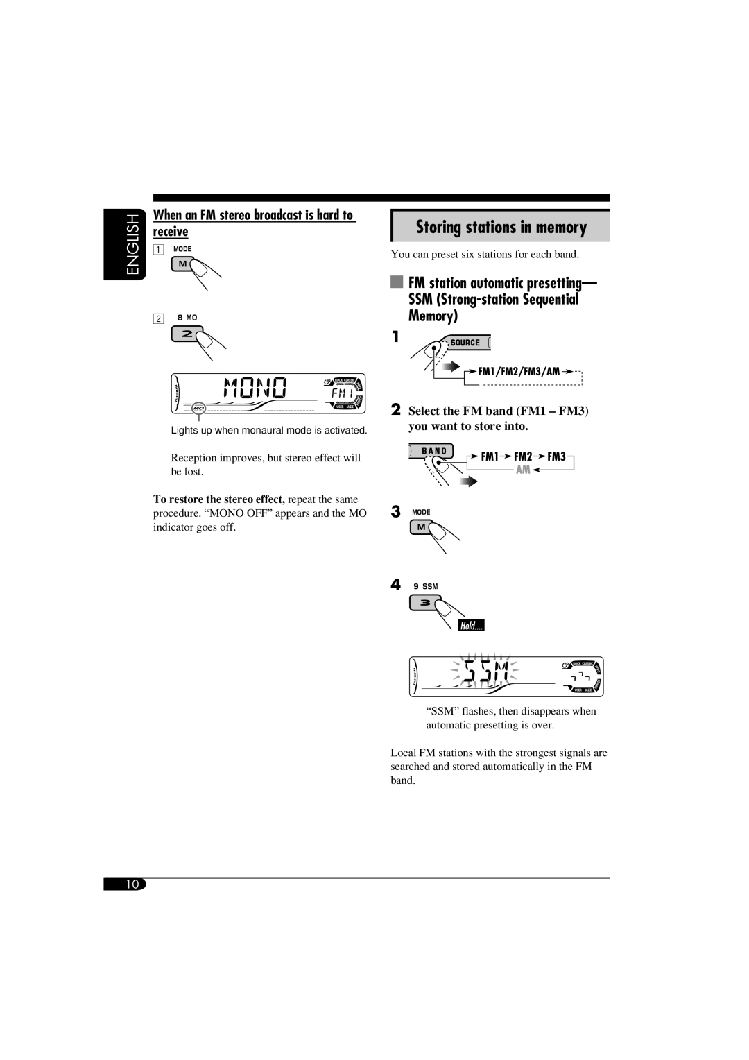 JVC KD-AR560 Storing stations in memory, SSM Strong-station Sequential Memory, Receive, FM station automatic presetting 