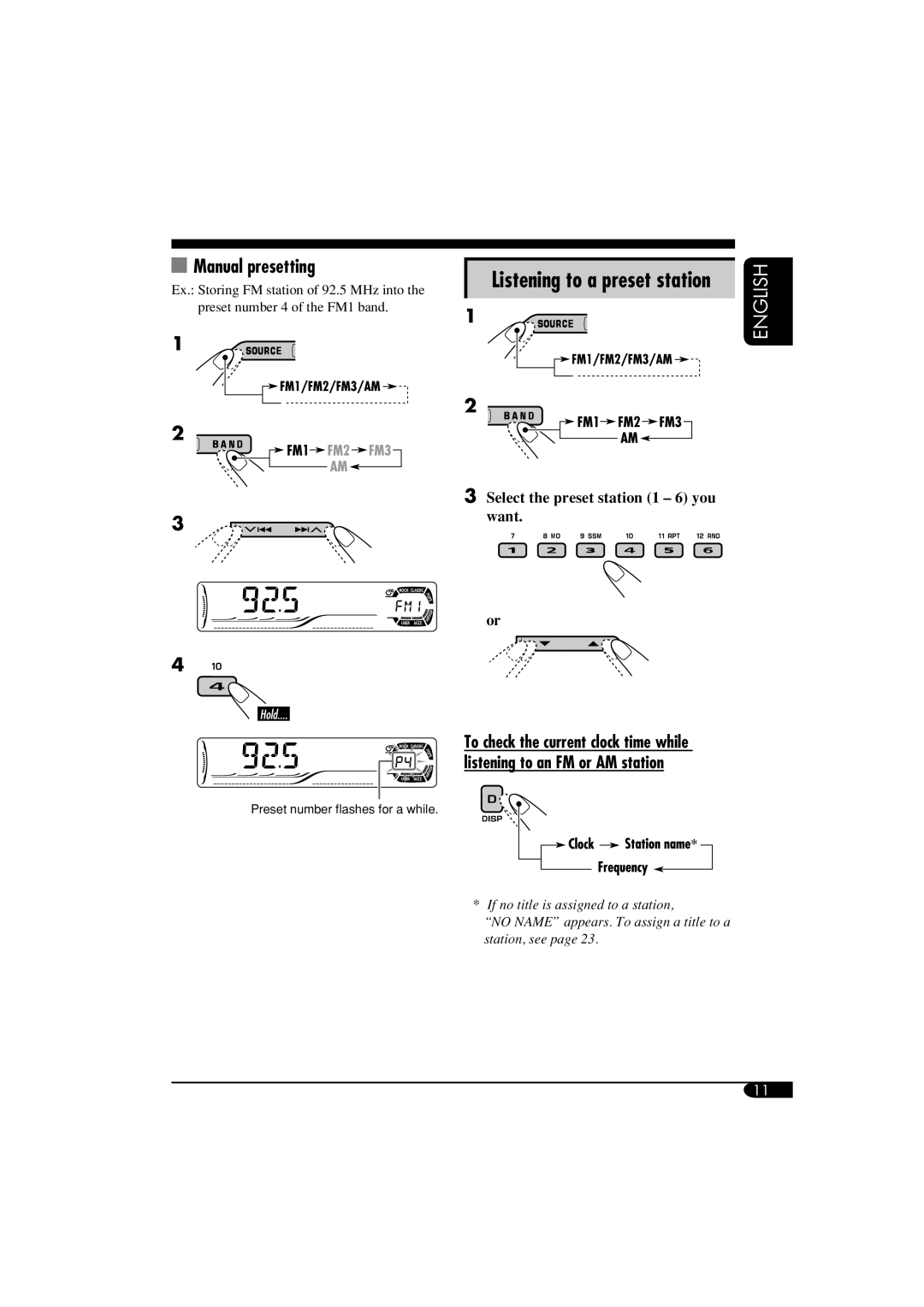 JVC KD-G510, KD-AR560 manual Listening to a preset station, Manual presetting 