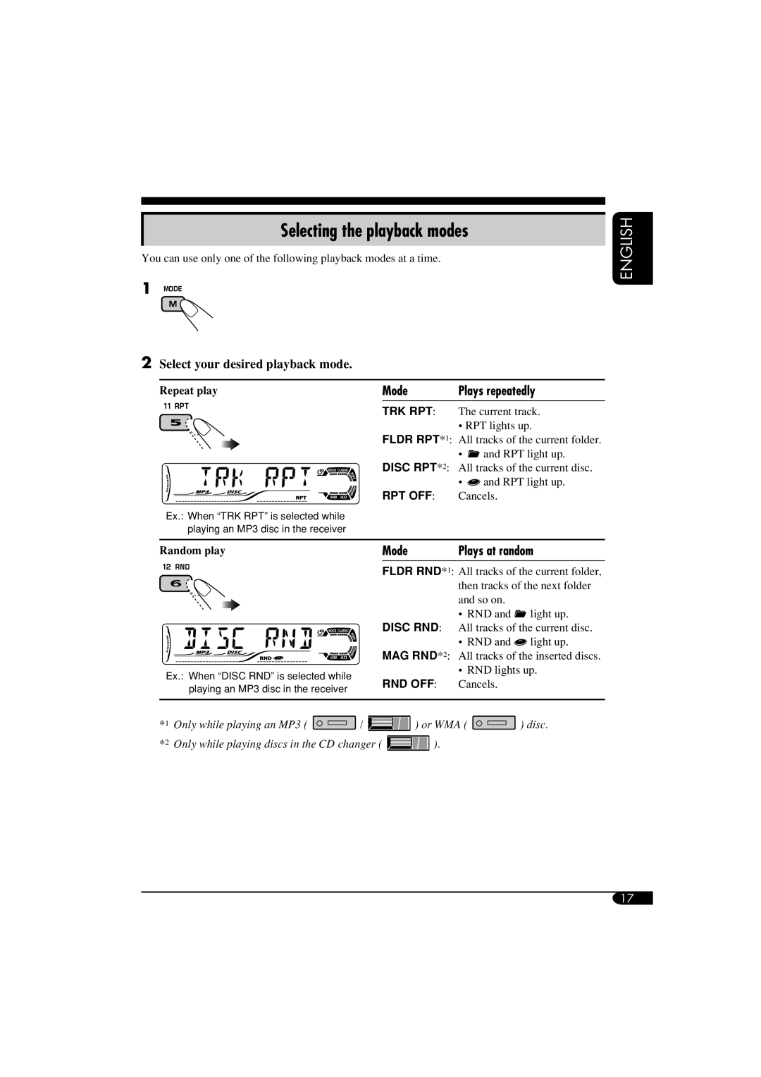 JVC KD-G510, KD-AR560 manual Selecting the playback modes, Mode Plays repeatedly, Mode Plays at random 