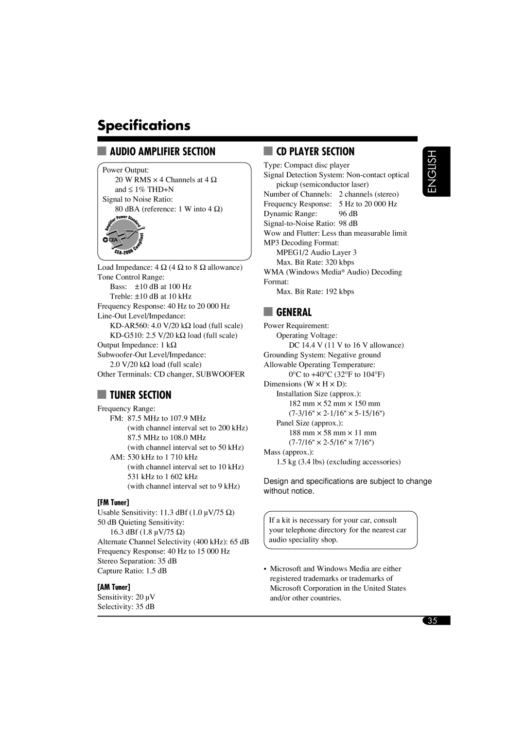 JVC KD-G510, KD-AR560 manual Specifications, Audio Amplifier Section 