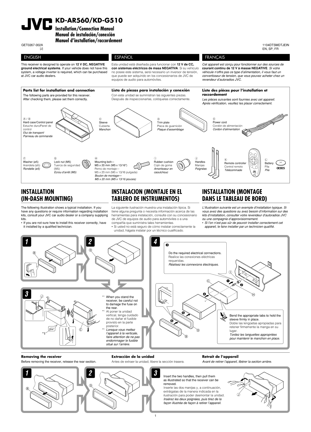 JVC KD-AR560, KD-G510 manual Parts list for installation and connection, Lista de piezas para instalación y conexión 