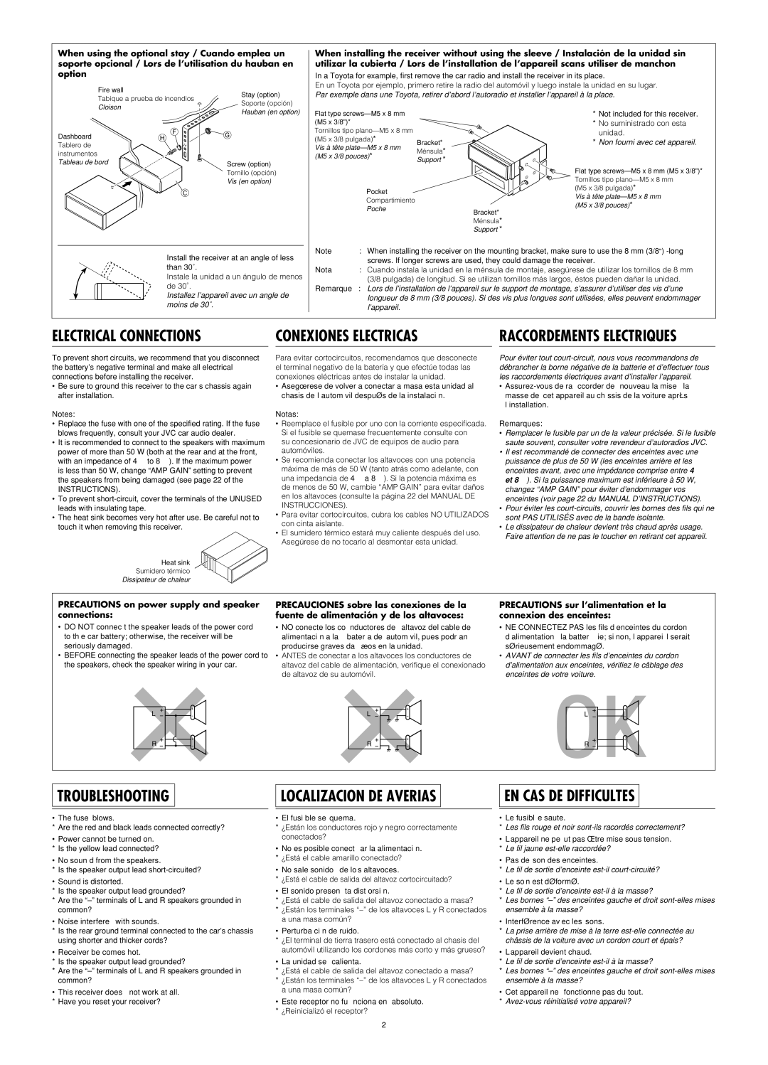 JVC KD-G510, KD-AR560 manual Precautions on power supply and speaker connections 