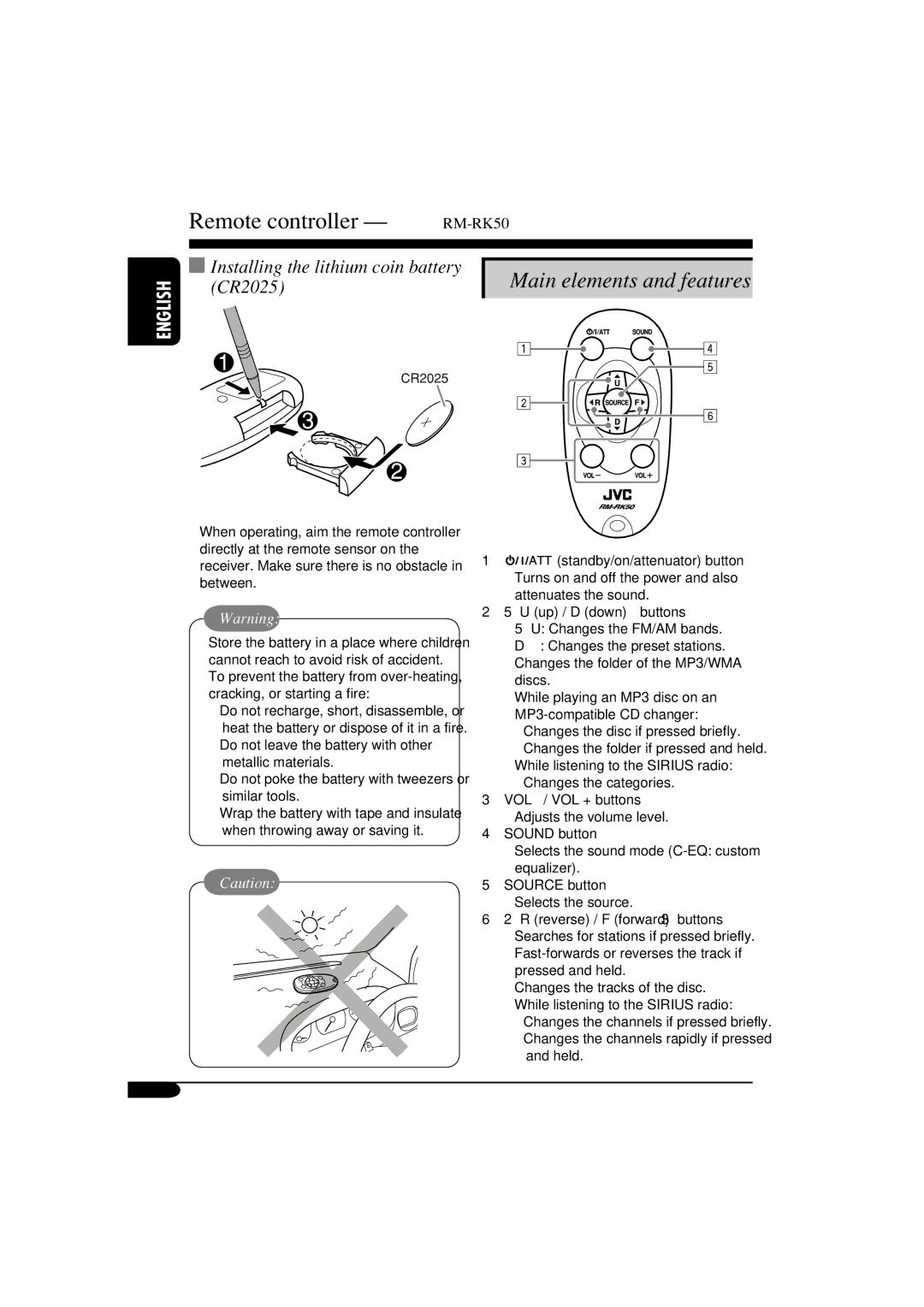 JVC KD-AR560, KD-G510 Remote controller RM-RK50, Installing the lithium coin battery, CR2025, Main elements and features 