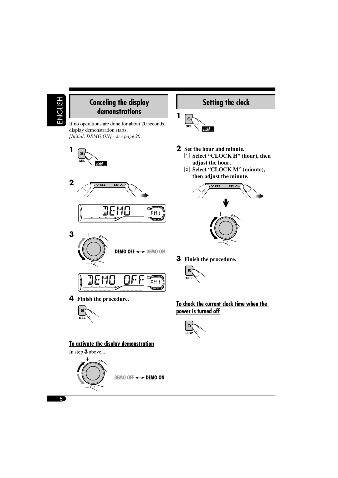 JVC KD-AR560, KD-G510 manual Setting the clock, Demonstrations, To activate the display demonstration 