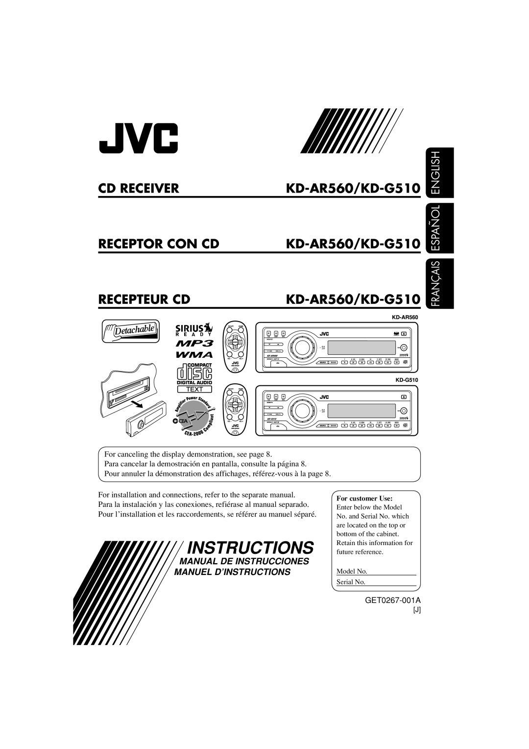 JVC manual Cd Receiver Receptor Con Cd Recepteur Cd, KD-AR560/KD-G510 KD-AR560/KD-G510, Français Español English 