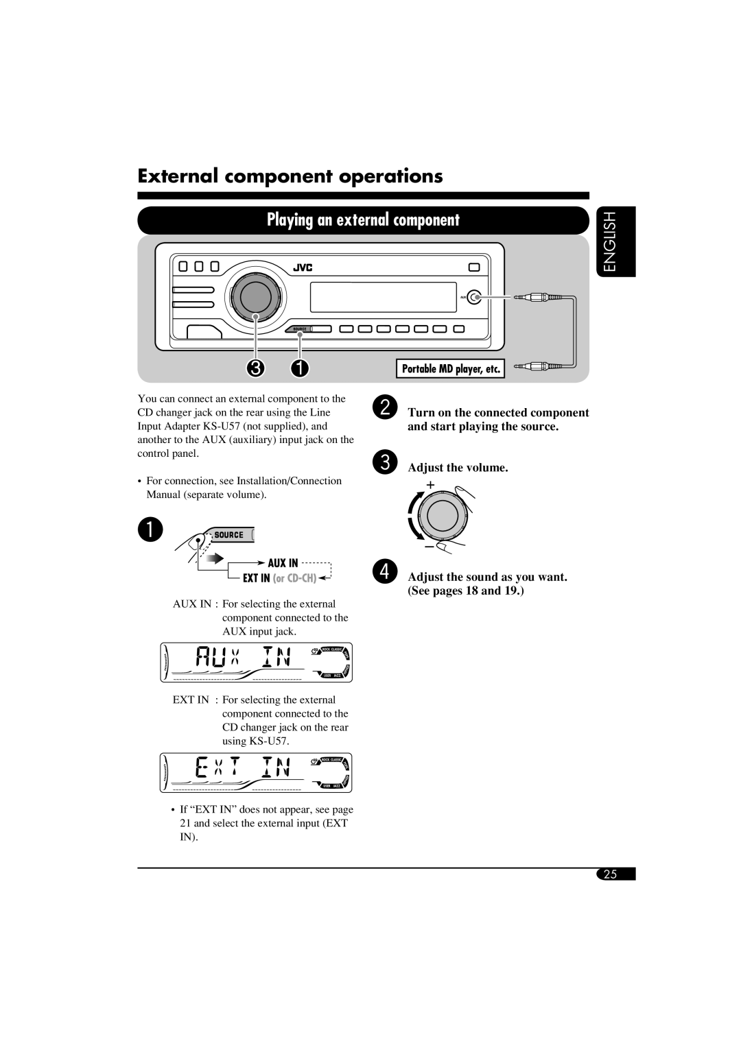 JVC KD-G510, KD-AR560 manual External component operations, Playing an external component, English, Adjust the volume 