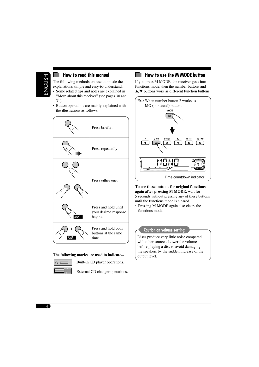 JVC KD-AR560, KD-G510 How to read this manual, How to use the M MODE button, English, Caution on volume setting 