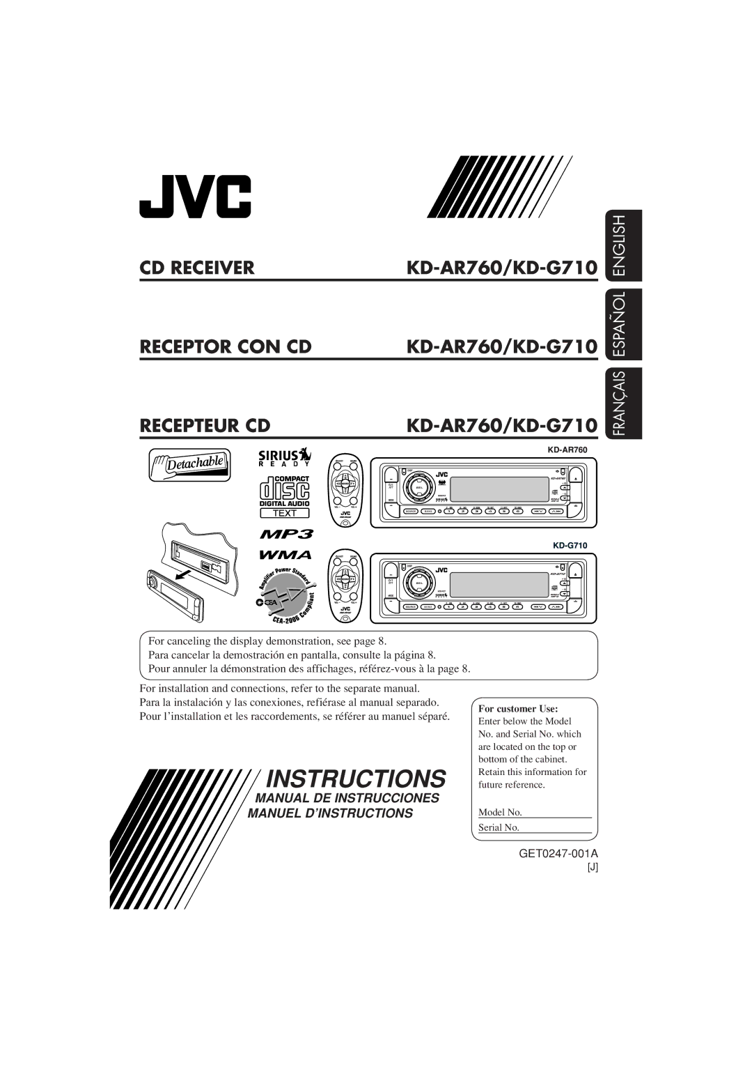 JVC manual CD Receiver Receptor CON CD Recepteur CD, KD-AR760/KD-G710 
