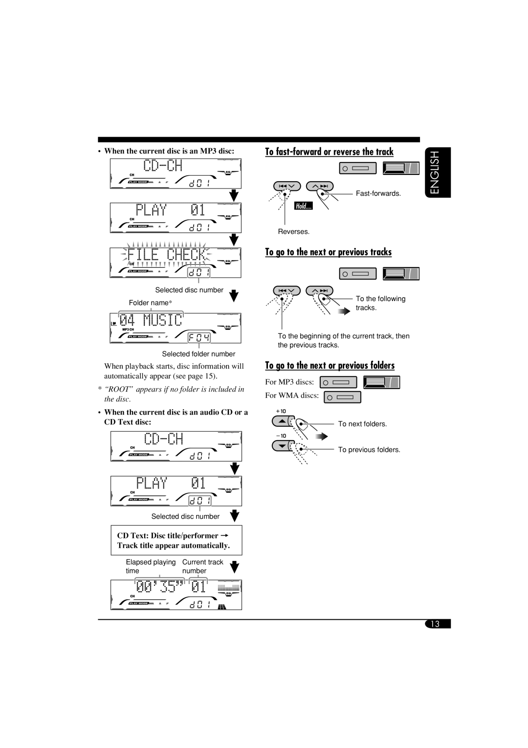 JVC KD-G710, KD-AR760 manual To go to the next or previous folders, To go to the next or previous tracks 