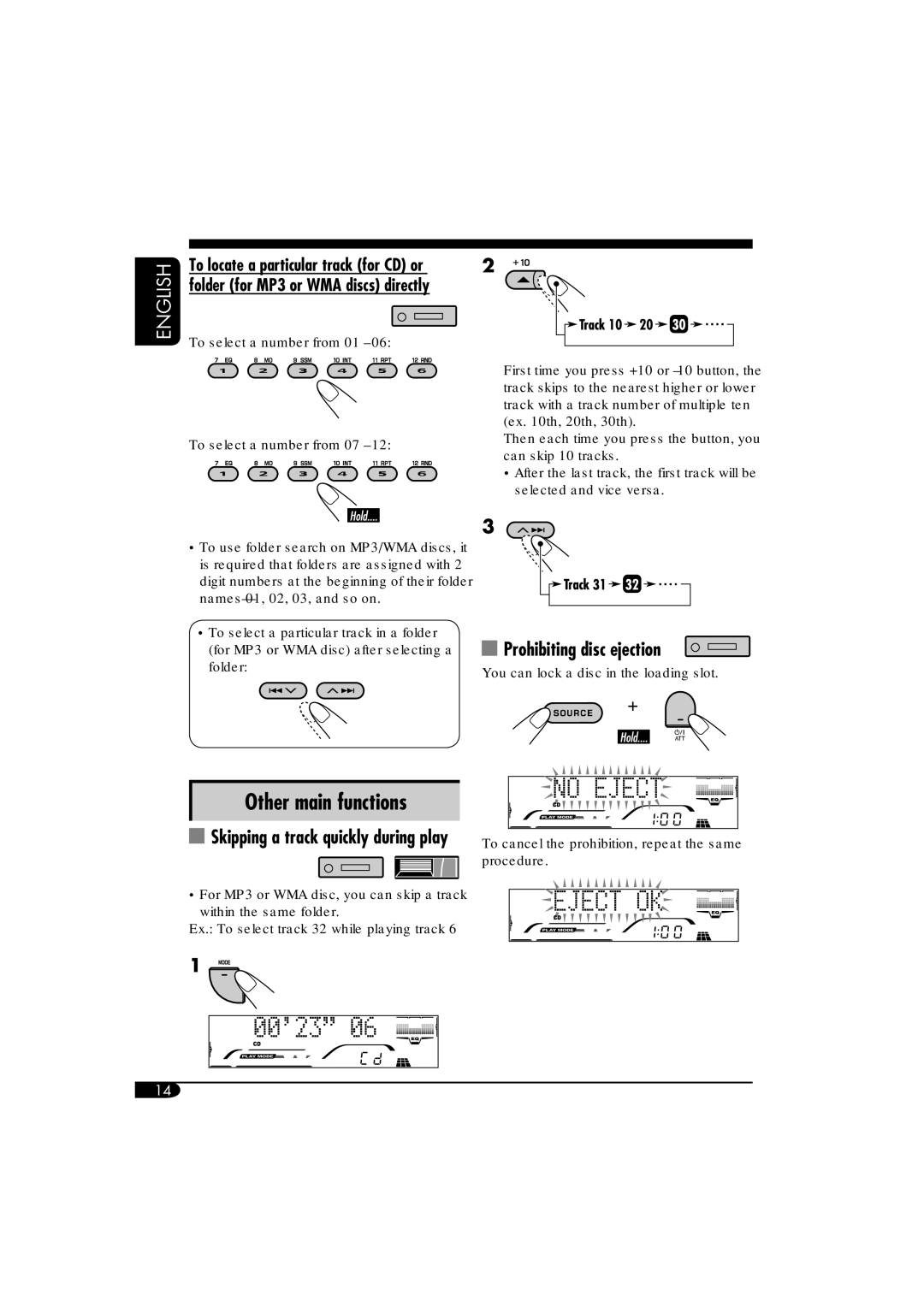 JVC KD-AR760, KD-G710 manual Other main functions, Prohibiting disc ejection, Skipping a track quickly during play 