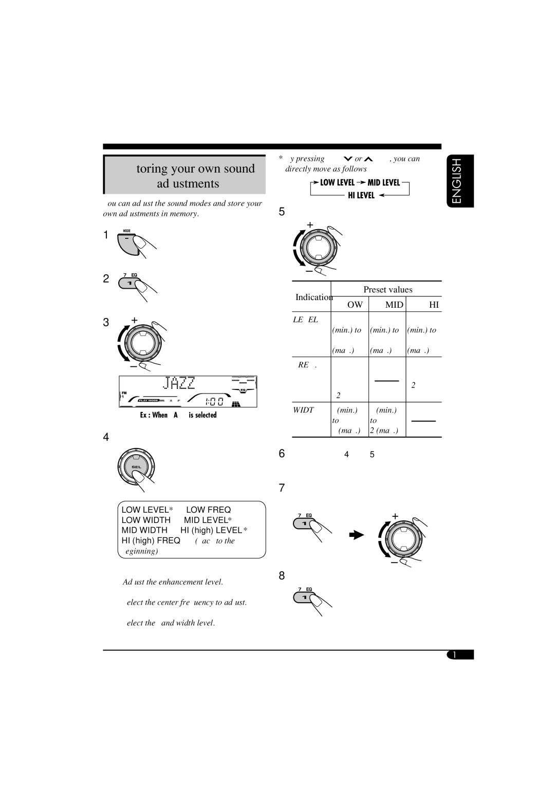 JVC KD-G710, KD-AR760 manual Adjustments, Preset values, Level LOW, MID, HI Adjust the enhancement level 