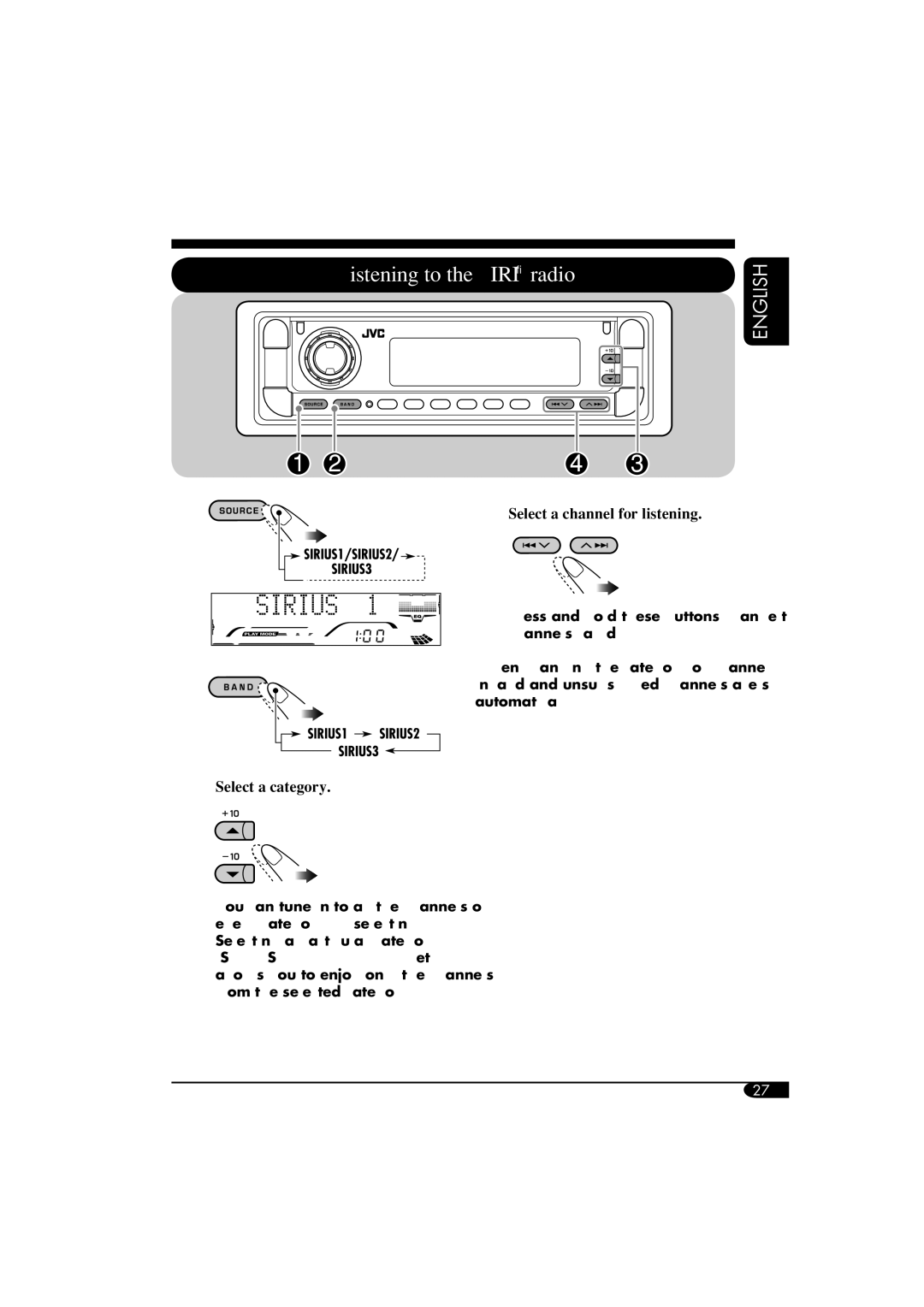 JVC KD-G710, KD-AR760 manual Listening to the Sirius radio, Select a category 