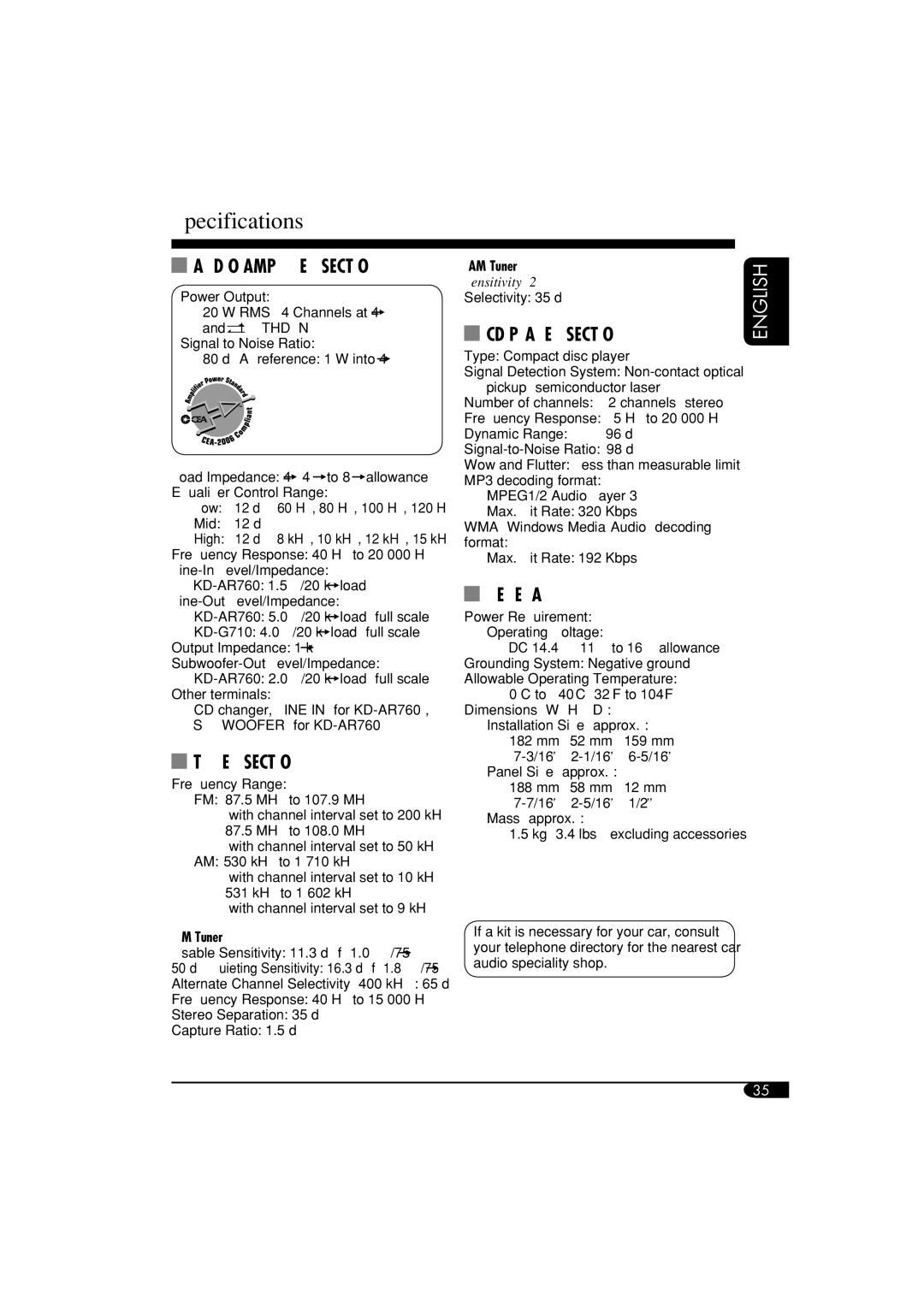 JVC KD-G710, KD-AR760 manual Specifications, Audio Amplifier Section 