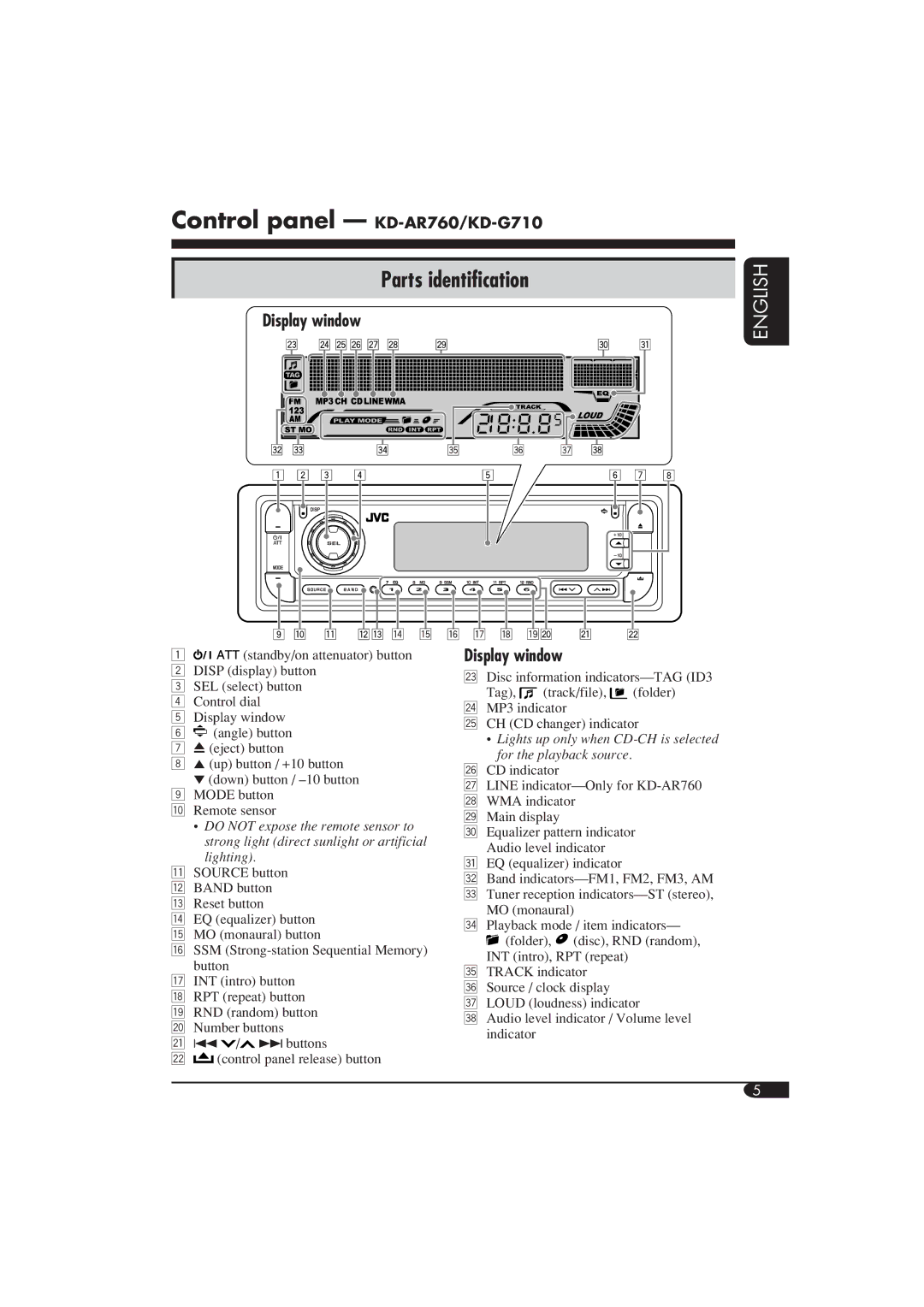 JVC manual Control panel KD-AR760/KD-G710, Parts identification, Display window 